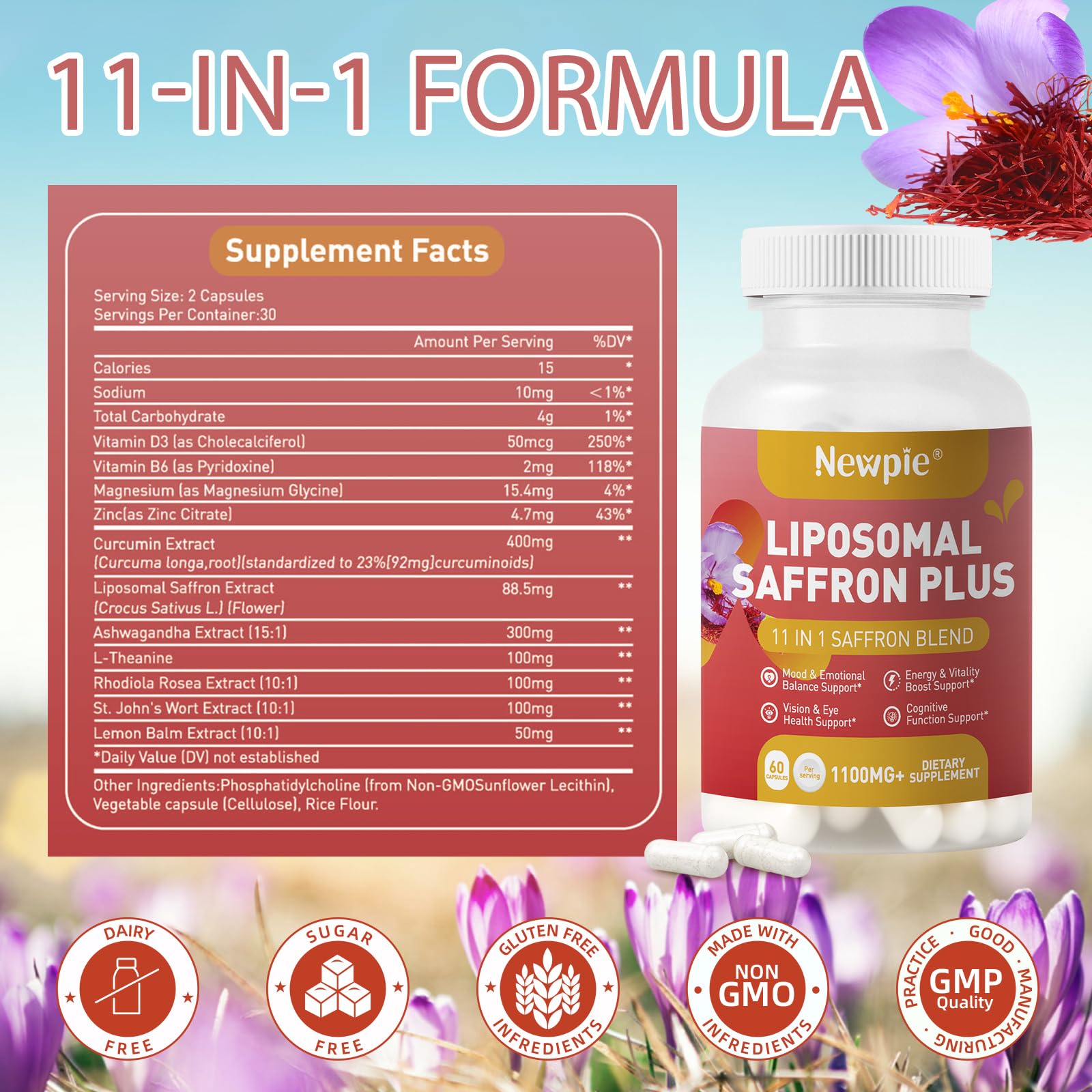 Newpie Saffron Supplements - 100% Pure Saffron Extract Capsules - Natural Mood Enhancer, Supports Eye & Heart Health, Boosts Energy - Premium Supplement for Women & Men（60 Servings (1) Newpie Au supplements