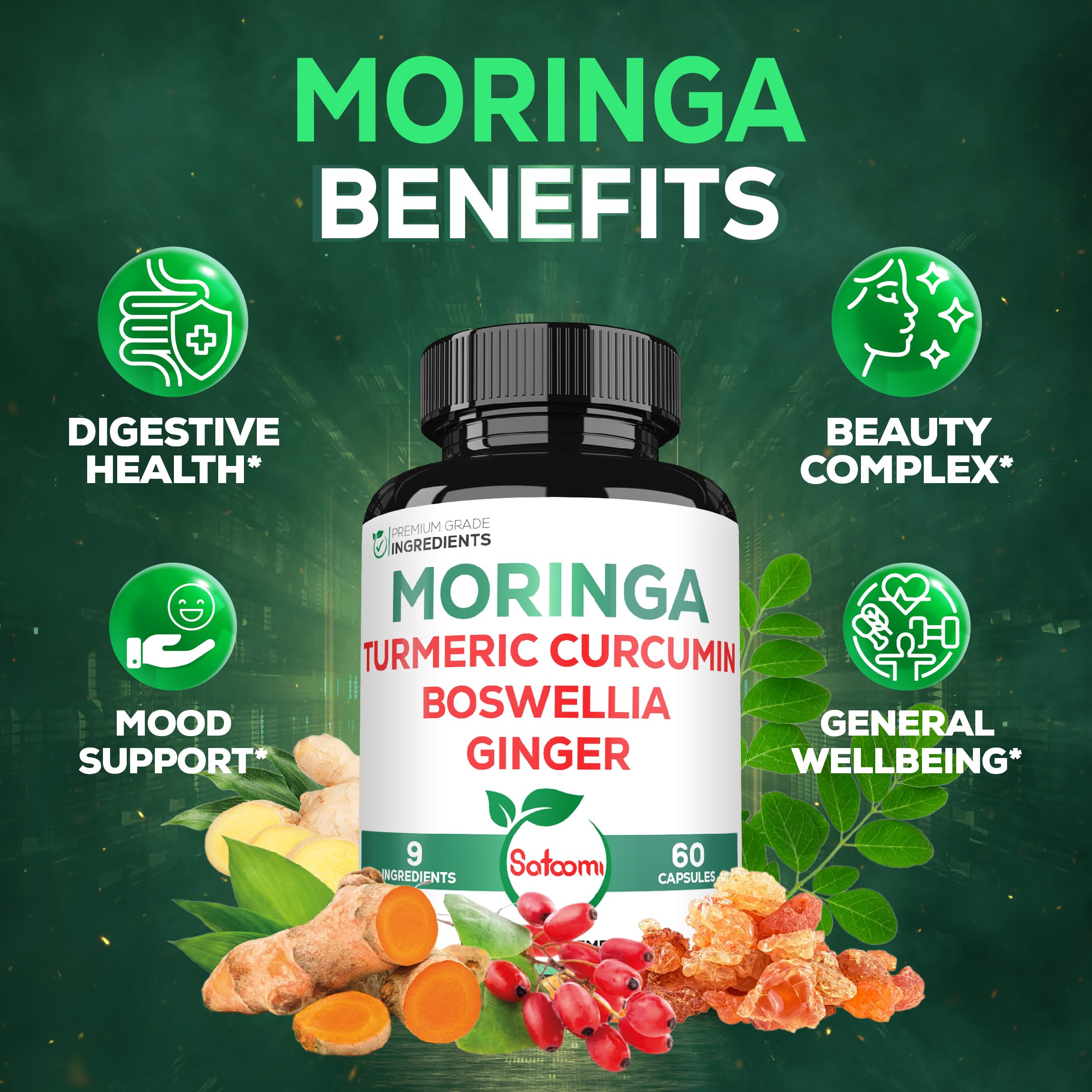 Satoomi 9in1 Moringa Capsules - Featuring Moringa, Turmeric, Boswellia, Ginger, Ashwagandha, Ceylon Cinnamon and Milk Thistle, and Resveratrol | Support Mood, Heart & Overall Health - 60 Count Satoomi Au supplements