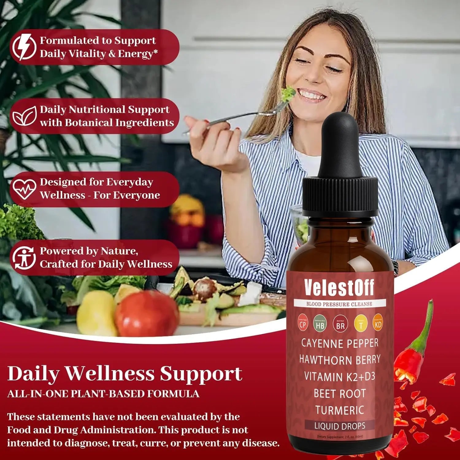 Velestoff Cayenne Pepper | Cayenne Heart & Circulation Blend – Botanical Extracts with Hawthorn, Beet Root, Turmeric, Vitamin K2 & D3 – Daily Wellness Drops (2 fl oz) (2) DFTLUUE Au supplements
