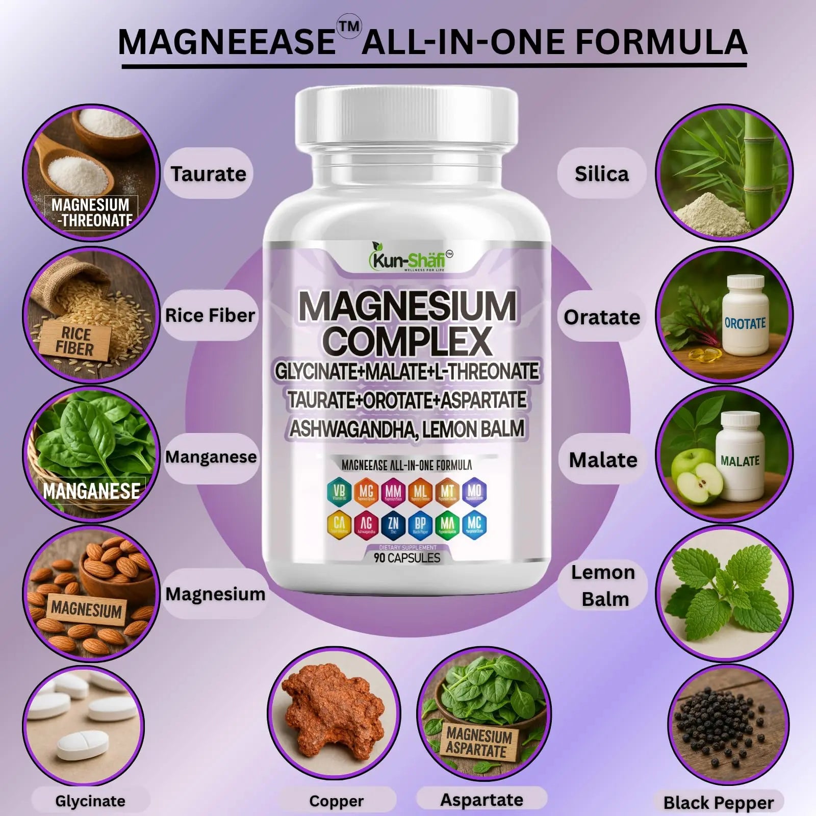 Kun Shafi Magnesium Complex with Magnesium Glycinate Malate, L-Threonate, Taurate, Orotate, Zinc,Aspartate, Copper Manganese & Vitamin D3 B6 Complex - 1Pack Kun Shafi Au supplements