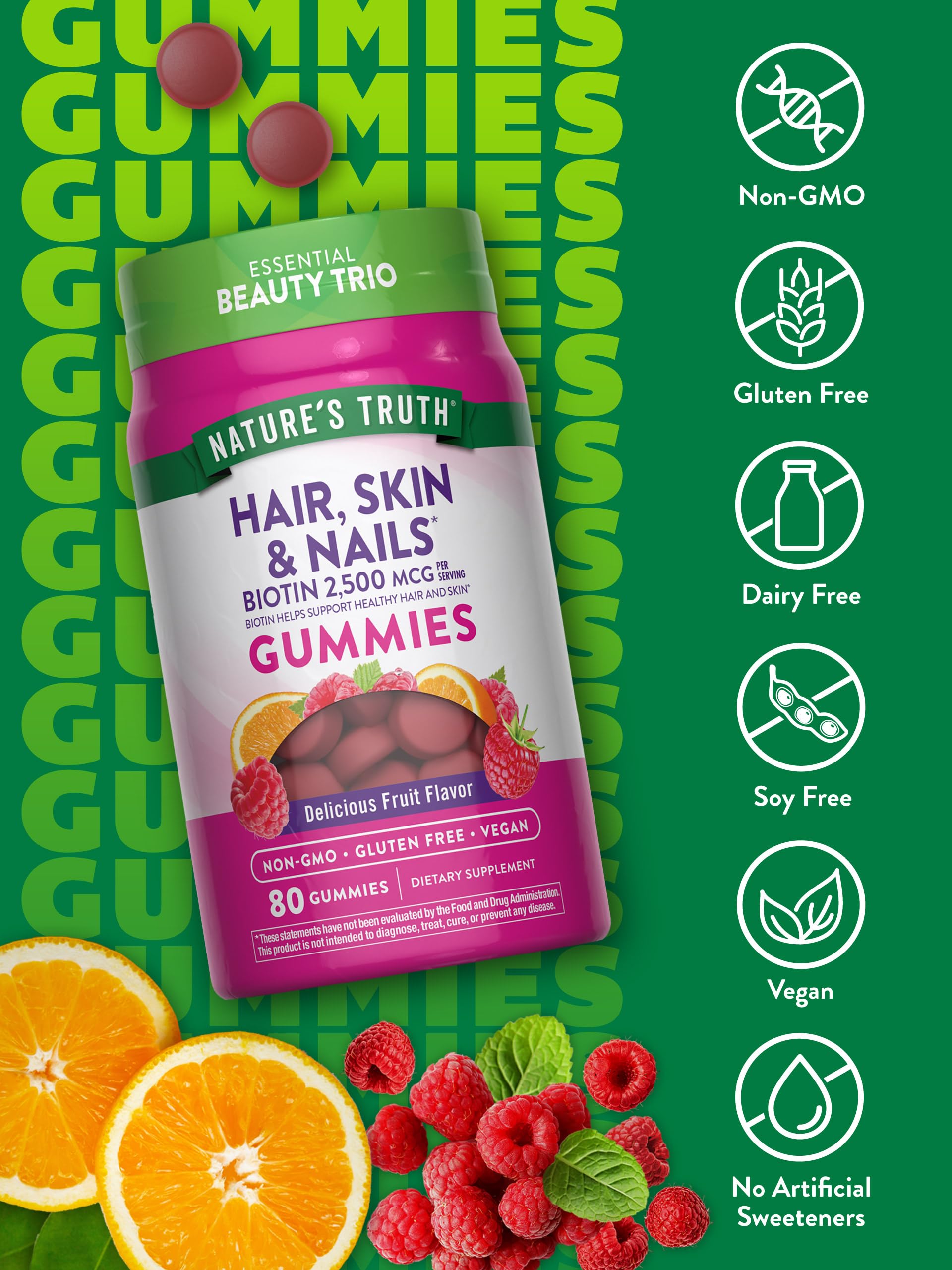 Nature's Truth Hair Skin and Nails Gummies | 80 Count | 2500mcg of Biotin | Vegan, Non-GMO, Gluten Free Supplement | Vitamin for Women & Men Nature's Truth Au supplements