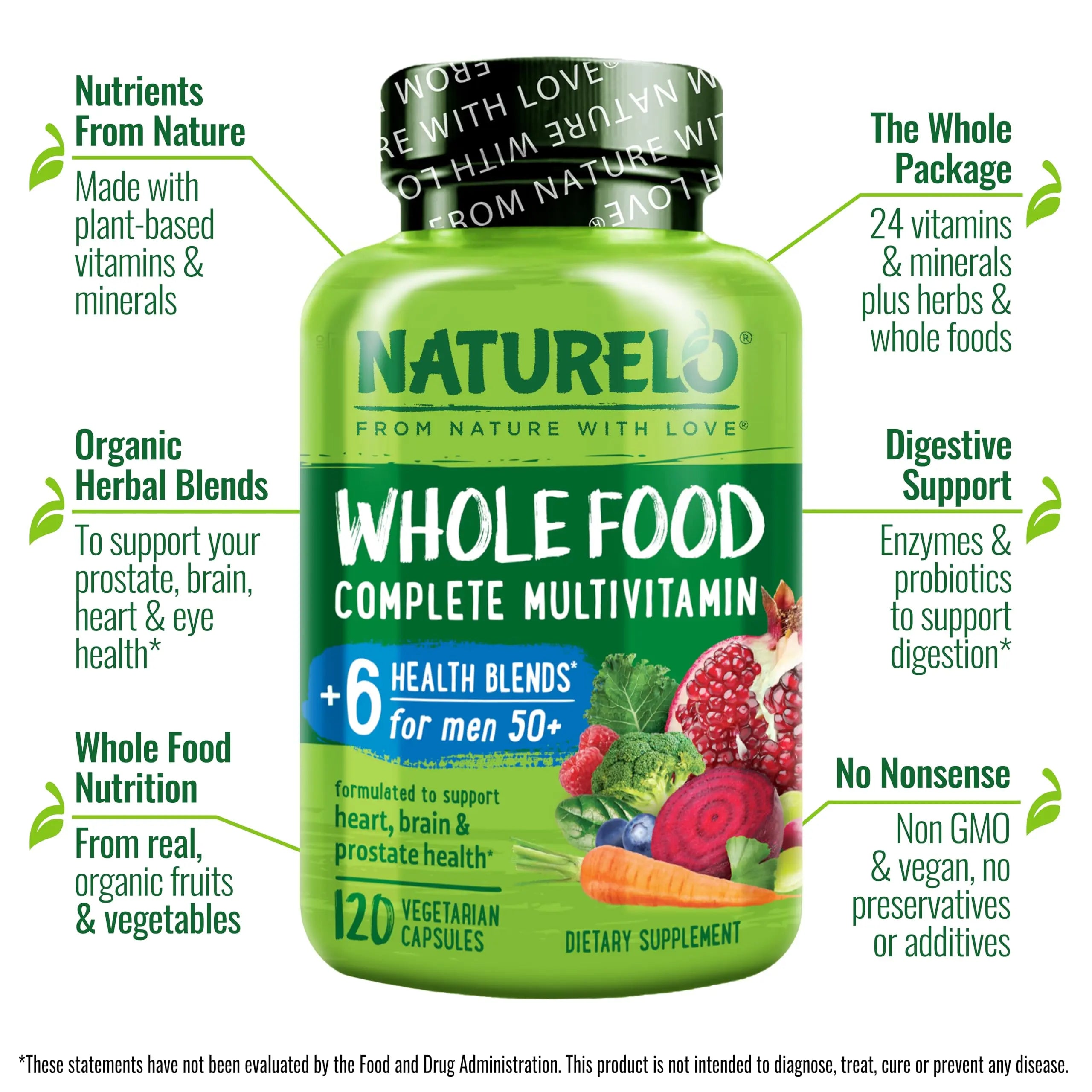 NATURELO Whole Food Multivitamin for Men 50+ - with Vitamins, Minerals, Organic Herbal Extracts - Vegan Vegetarian NATURELO Au supplements