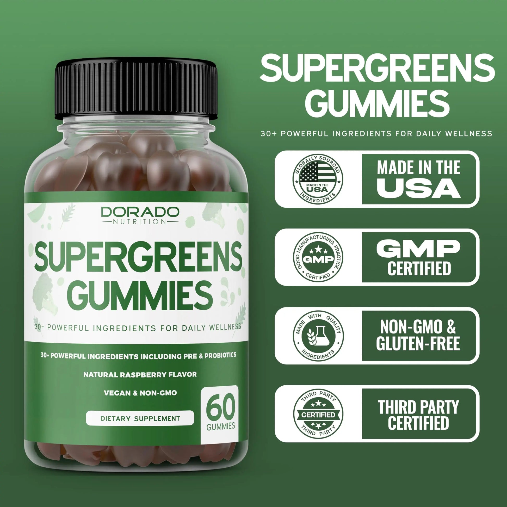 Supergreens Gummies (60 Count) Daily Greens Gummies - Greens Supplements with 8 Ingredient Power Blend - Superfood for Immunity Support for Adults - Third Party Tested, Vegan & USA Made (Pack of 2) DORADO NUTRITION Au supplements