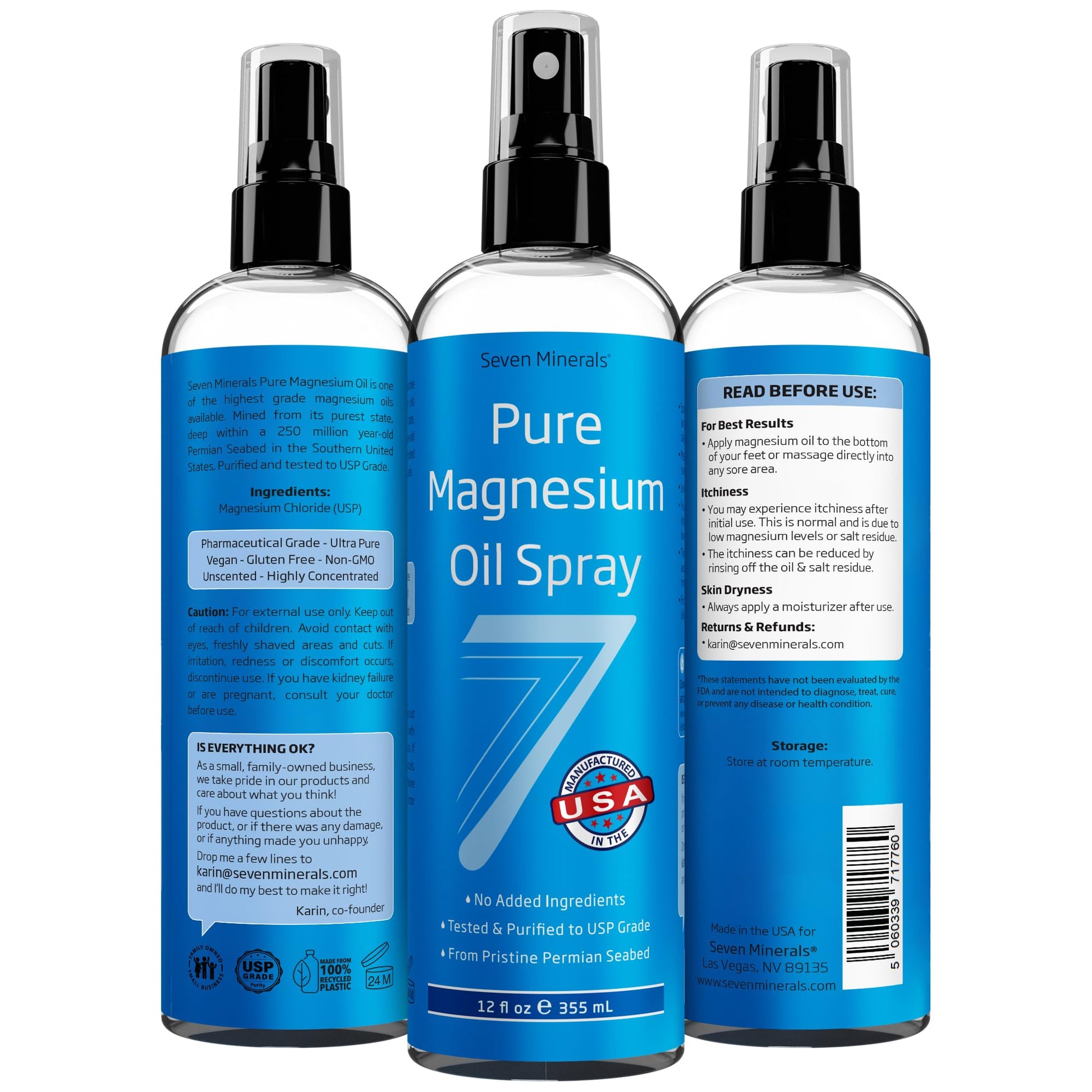 Seven Minerals Pure Magnesium Oil Spray, Big 12oz, USP Grade, Extra Strength, for Feet, Sleep, Muscle Pain & Cramps - Mined in The USA Seven Minerals Au supplements