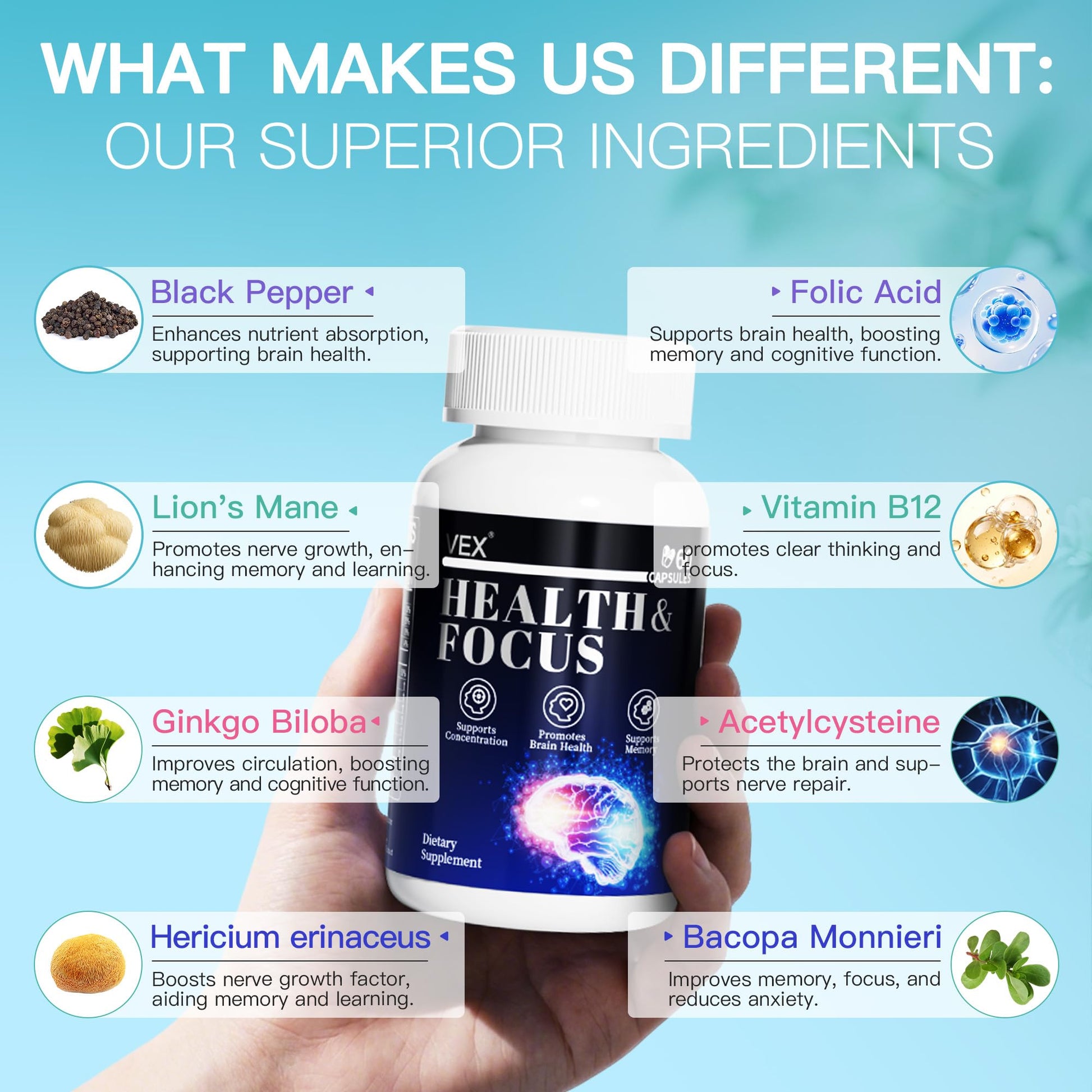 VEX Supplement – Memory & Clarity Support with Folic Acid, Vitamin B, Acetylcysteine, Bacopa Monnieri, Lion’s Mane, Ginkgo Biloba & Black Pepper – Cognitive, 60 Capsules VEX Au supplements
