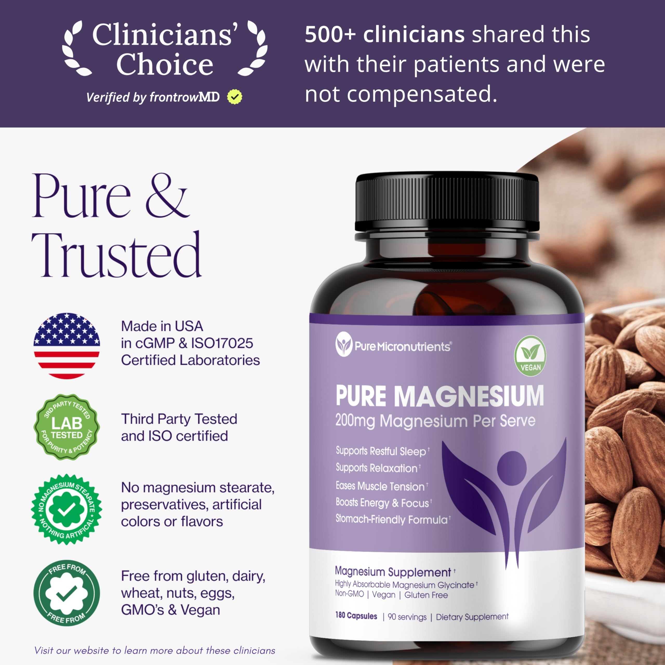 Pure Magnesium Glycinate Supplement – Highly Absorbable Chelated Magnesium to Support Sleep, Muscle & Nerve Health, Energy, Relaxation & Bone Health – 200mg Per Serving, 180 Capsules Pure Micronutrients Au supplements