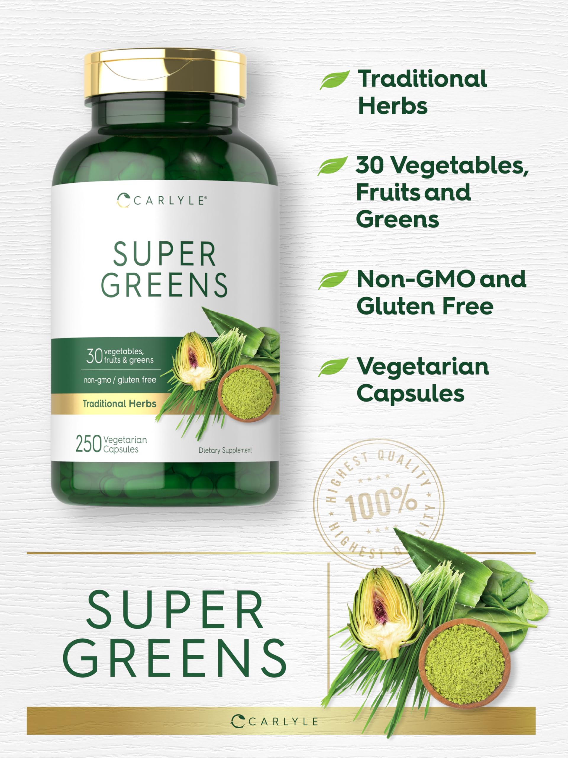 Carlyle Super Greens Capsules | 250 Count | Blend of 13 Vegetables and Greens Plus 17 Fruits | Non-GMO & Gluten Free Supplement Carlyle Au supplements
