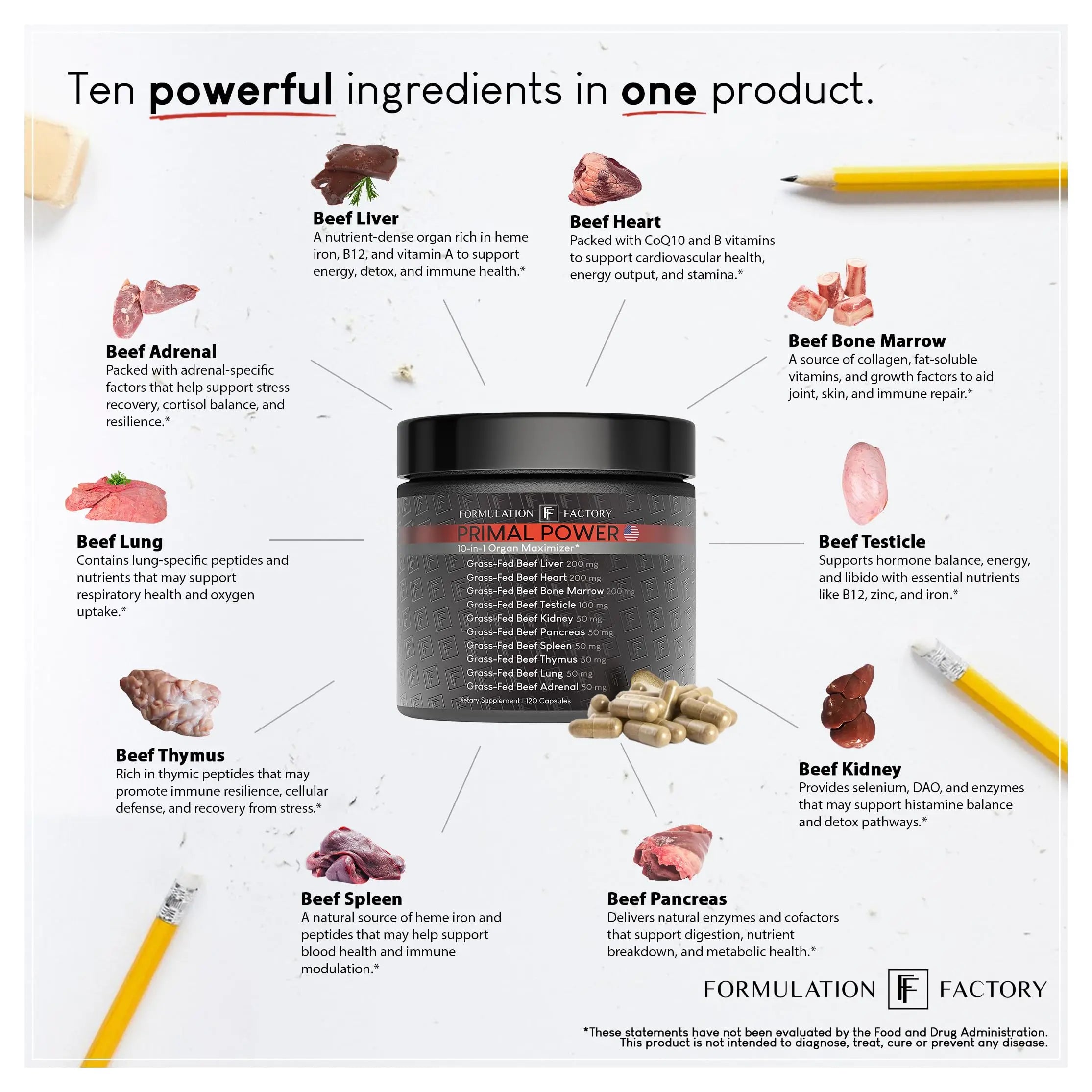 Formulation Factory Primal Power 10-in-1 Grass-Fed Organ Supplement with Beef Liver, Heart, Marrow, Testicle, Kidney, Supports Vitality, Hormones, Energy, Immunity (4 Month Supply, 240 Capsules) Formulation Factory Au supplements