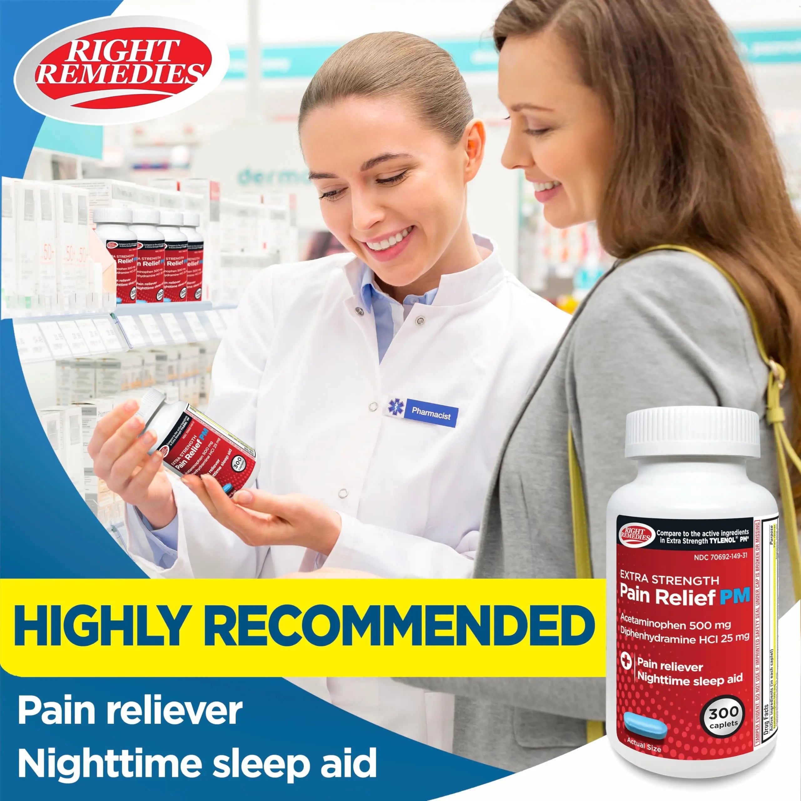 Right Remedies Extra Strength Pain Relief PM & Nighttime Sleep Aid Caplets,(300 count), Acetaminophen 500 mg & Diphenhydramine HCl 25 mg, Non-Habit Forming, Compare to Active ingredients of Tylenol PM RIGHT REMEDIES Au supplements