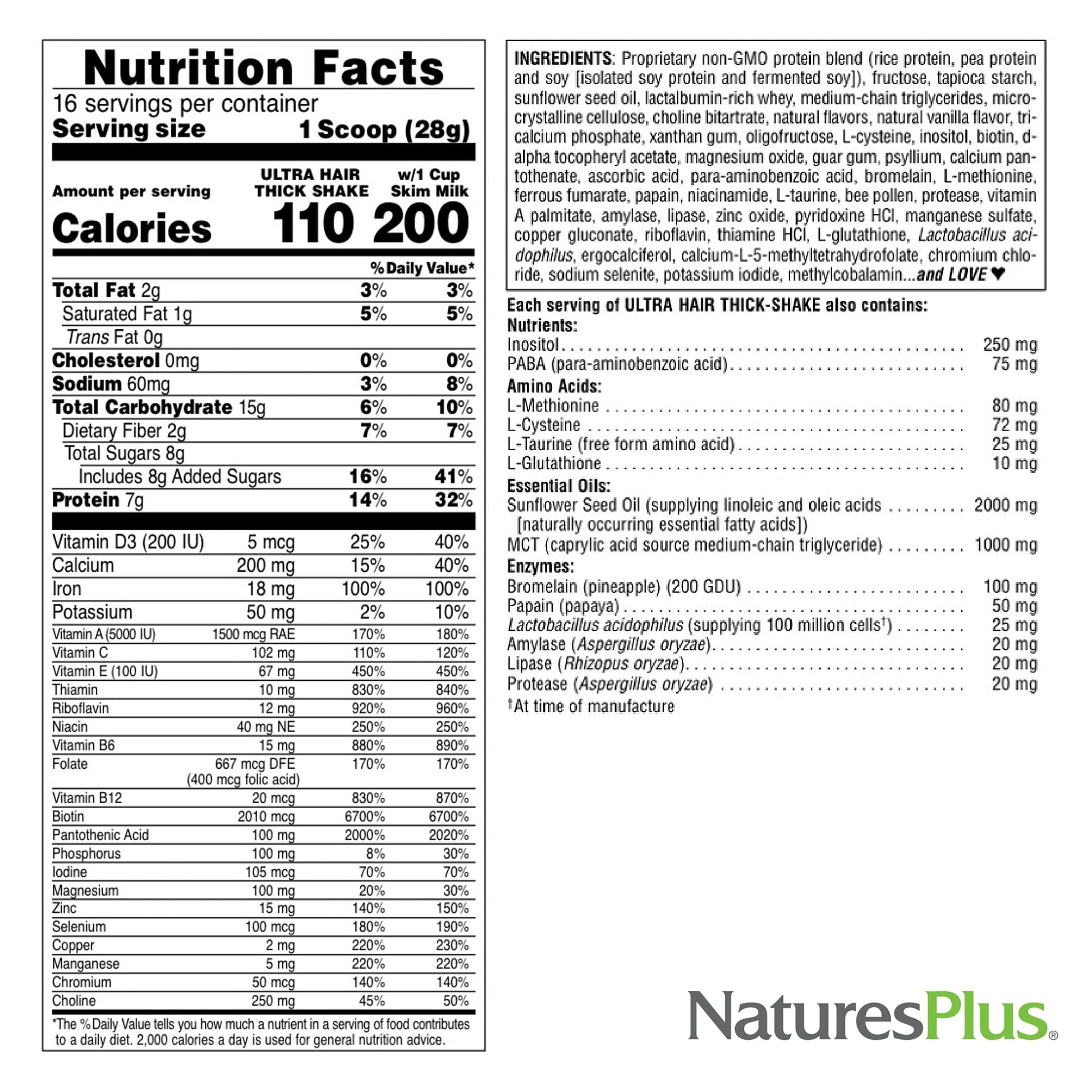 NaturesPlus Ultra Hair Thick Shake - 1 lb - French Vanilla Flavor - Hair Protein Powder for Healthy Growth - With Biotin & Amino Acids - Non-GMO, Gluten-Free - 16 Servings NaturesPlus Au supplements