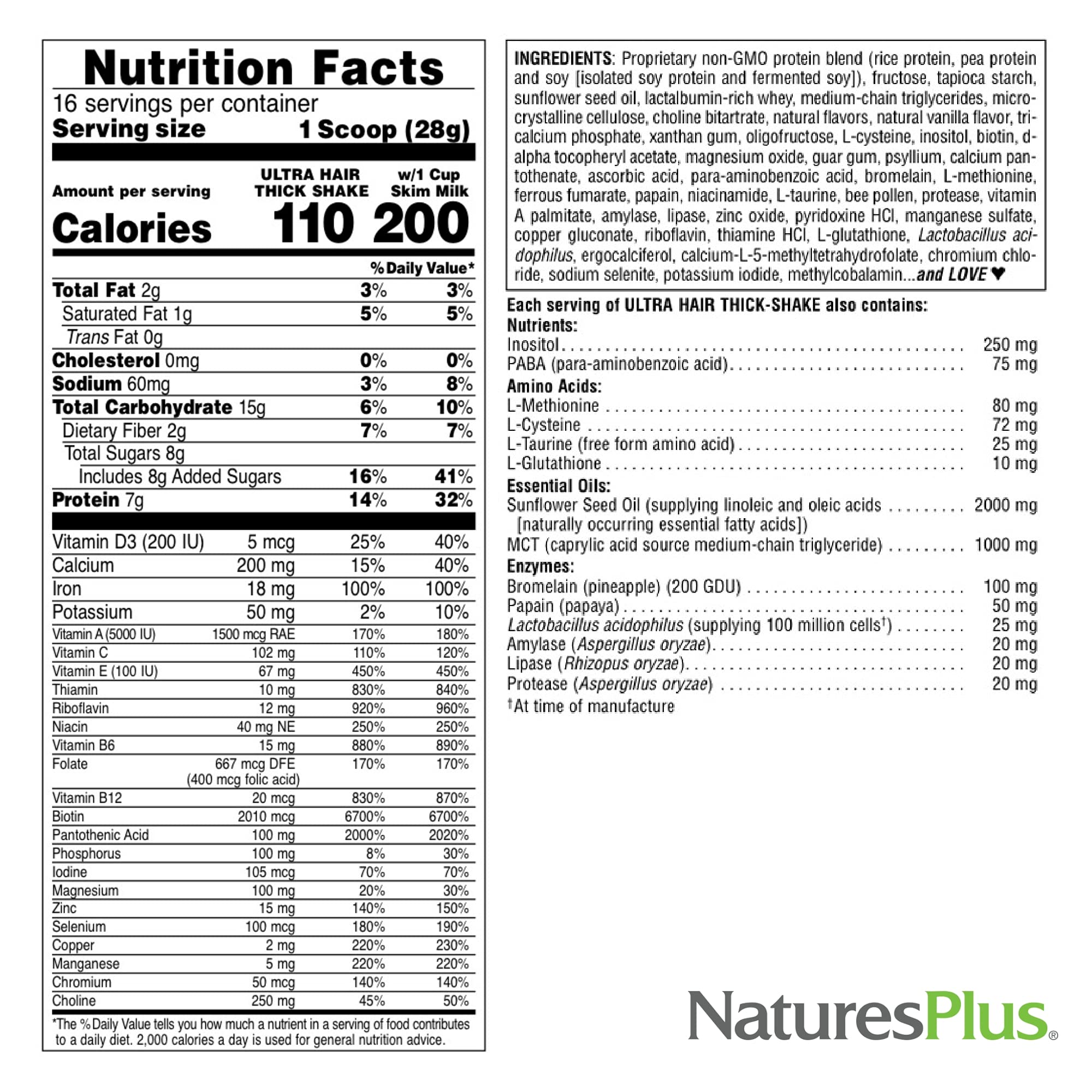 NaturesPlus Ultra Hair Thick Shake - 1 lb - French Vanilla Flavor - Hair Protein Powder for Healthy Growth - With Biotin & Amino Acids - Non-GMO, Gluten-Free - 16 Servings NaturesPlus Au supplements