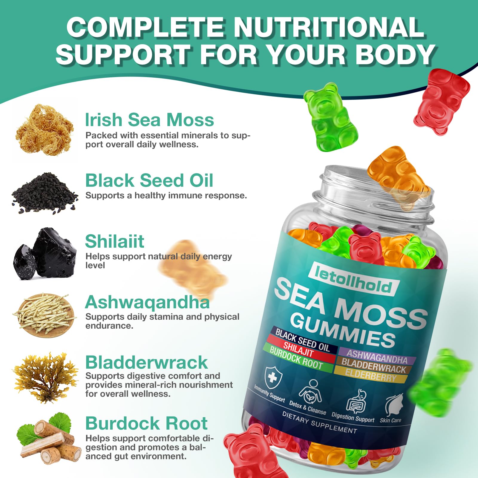 Sea Moss Gummies - Irish Sea Moss Gummies Advanced for Adults with Ashwagandha Bladderwrack & Burdock Root for Supports Immune，Energy - 60 Vegan Gummy,2PCS letollhold Au supplements