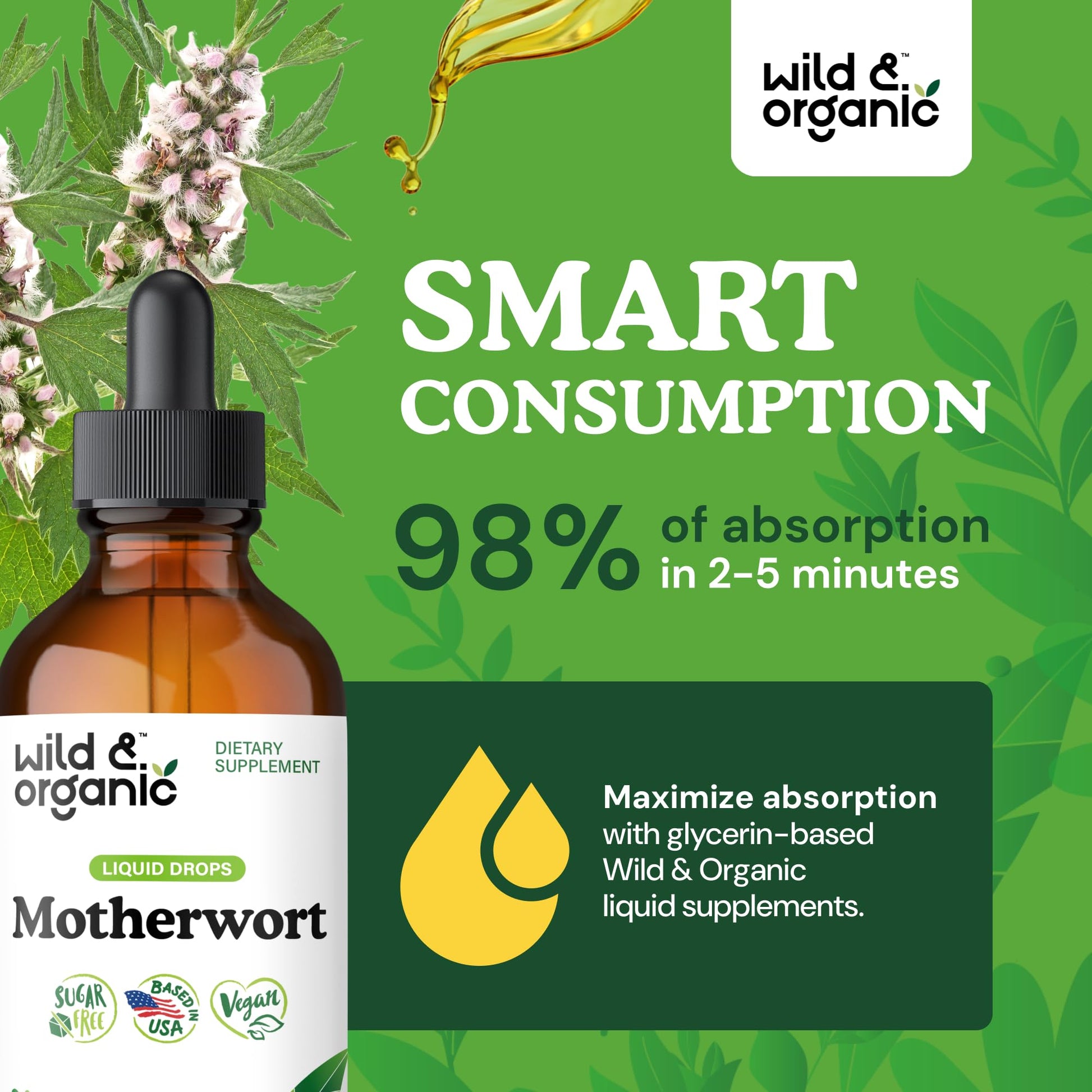 Wild & Organic Motherwort Tincture - Good Mood, Calmness, Overall Support - Supplements for Women with Motherwort Herb - Vegan, Sugar & Alcohol-Free Extract Drops - 4 fl oz Wild & Organic Au supplements