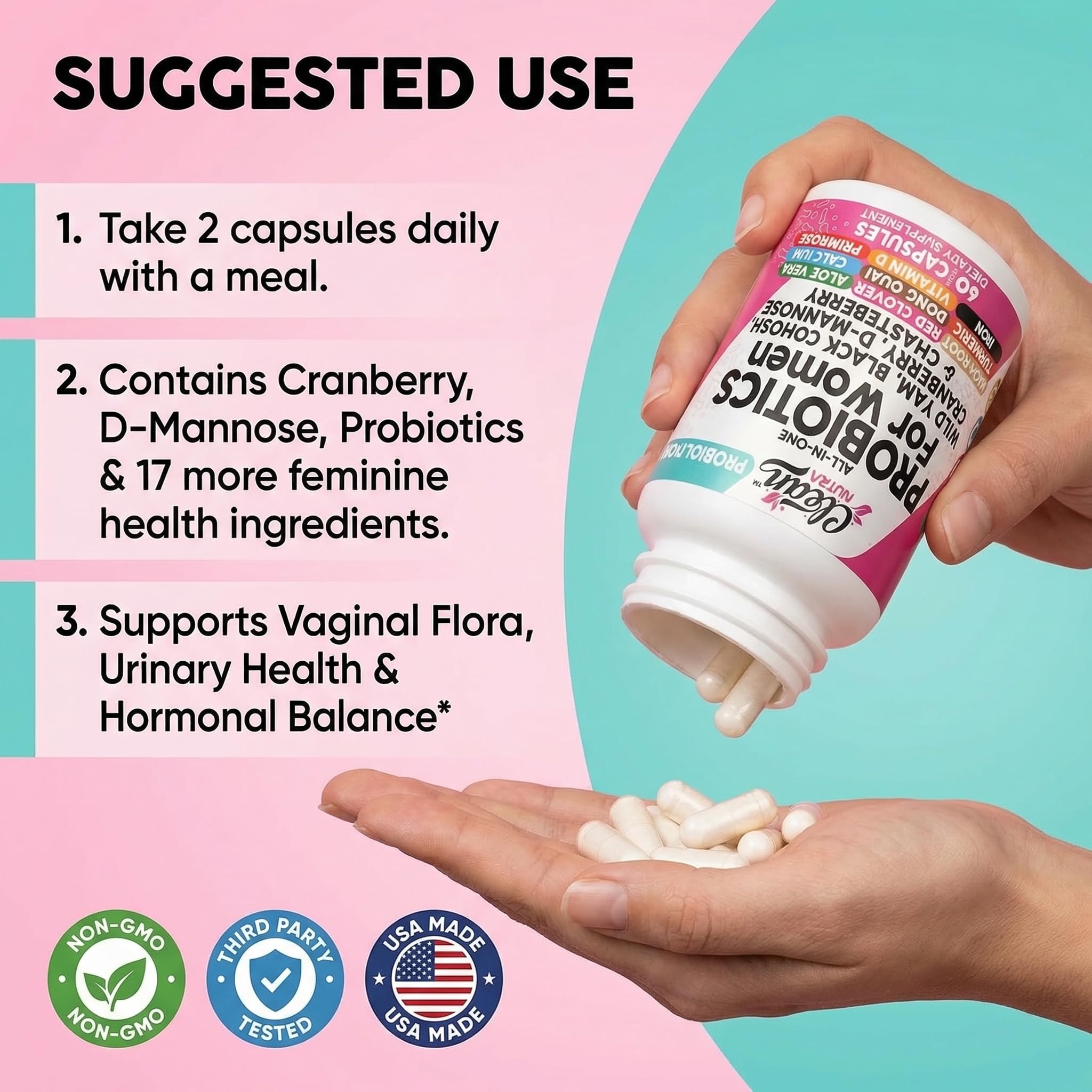Clean Nutraceuticals Probiotics for Women with D Mannose, Cranberry Extract, Wild Yam, Chasteberry - 20 Probiotic and Prebiotic Strains - PH Balance, Womens Probiotic for Digestive Health - 60 Count Clean Nutraceuticals Au supplements