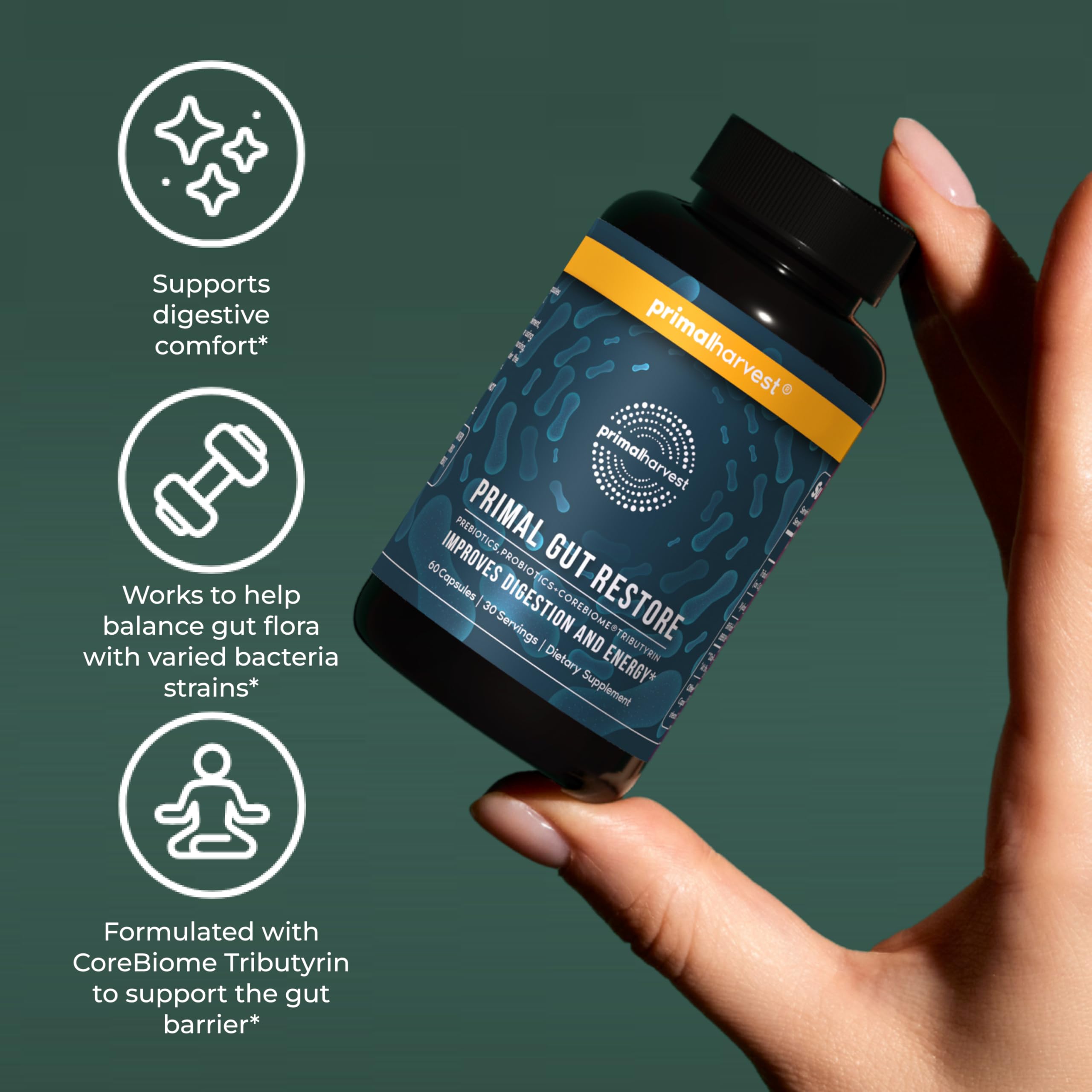 Primal Harvest 2 Pack, Restore for Gut Health, Primal Gut Restore w/POSTbiotics, PREbiotics and PRObiotics for Women and Men, 60 CT - Digestion, Colon Cleanse, Helps Leaky Gut Repair Primal Harvest Au supplements