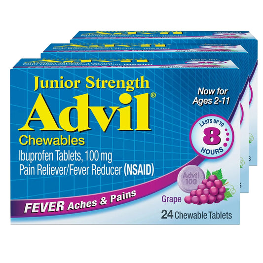 Advil Junior Strength Chewable Ibuprofen Pain Reliever and Fever Reducer, Children's Ibuprofen for Pain Relief, Grape - 24 Tablets (Pack of 3) AdvilAu supplements