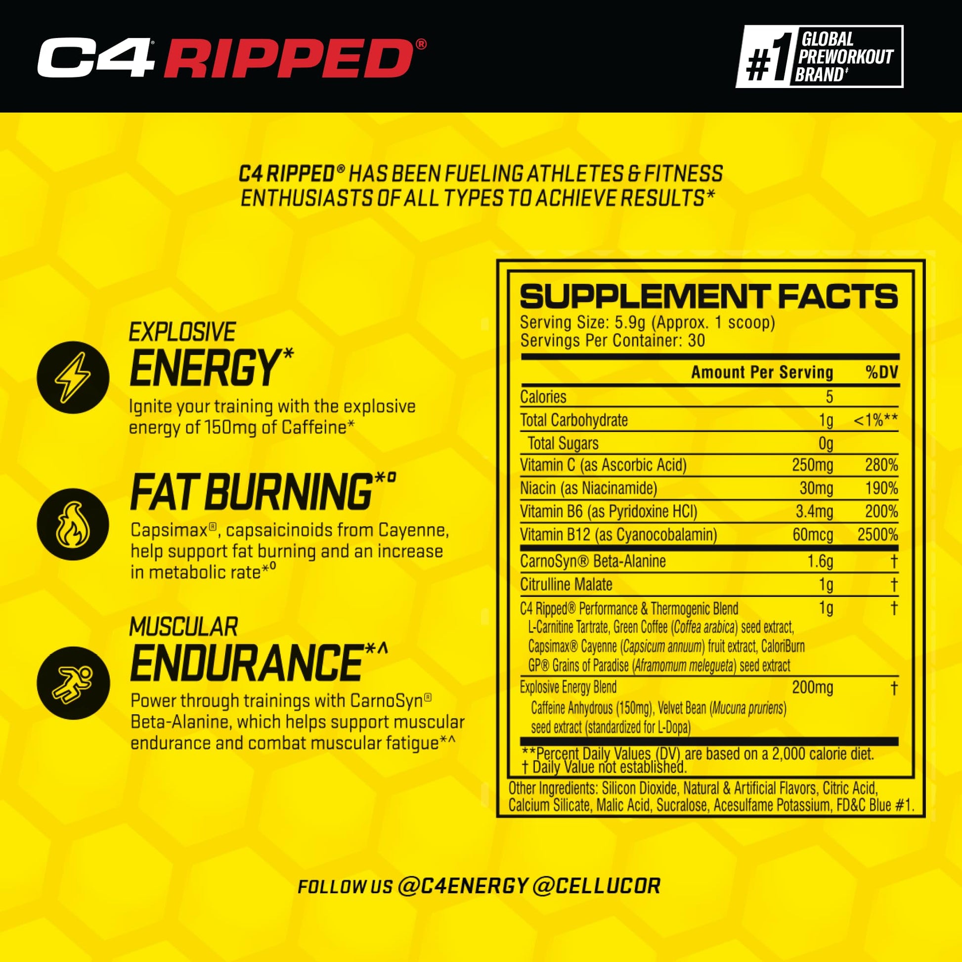 Cellucor C4 Ripped Pre Workout Powder ICY Blue Razz | Creatine Free + Sugar Free Cellucor Au supplements