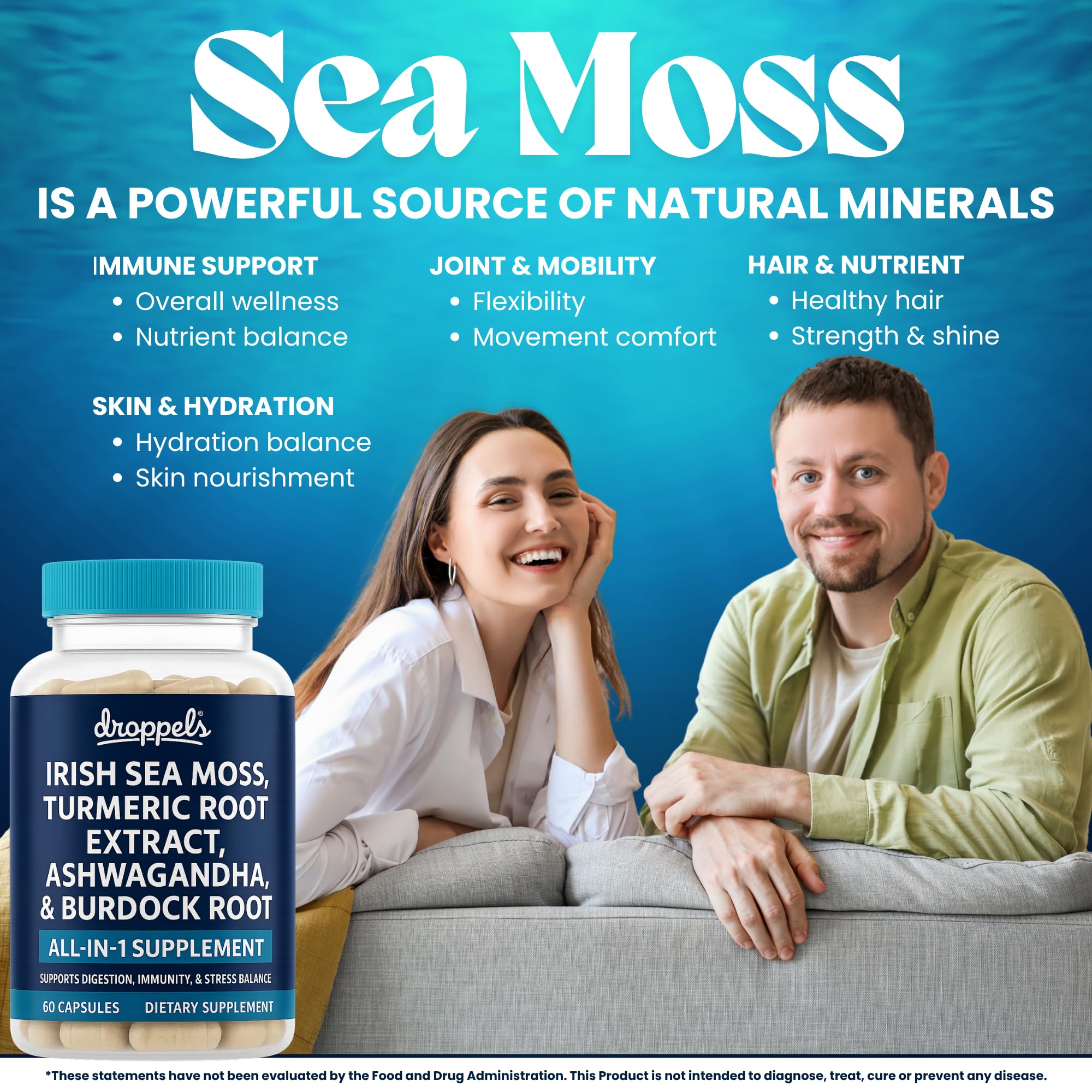 Droppels Irish Sea Moss Capsules with Turmeric Root, Ashwagandha, Black Pepper & Burdock Root – Natural Mineral Blend for Immune, Digestion, Joint & Energy Support – Vegan, Non-GMO – 60 Capsules Droppels Au supplements