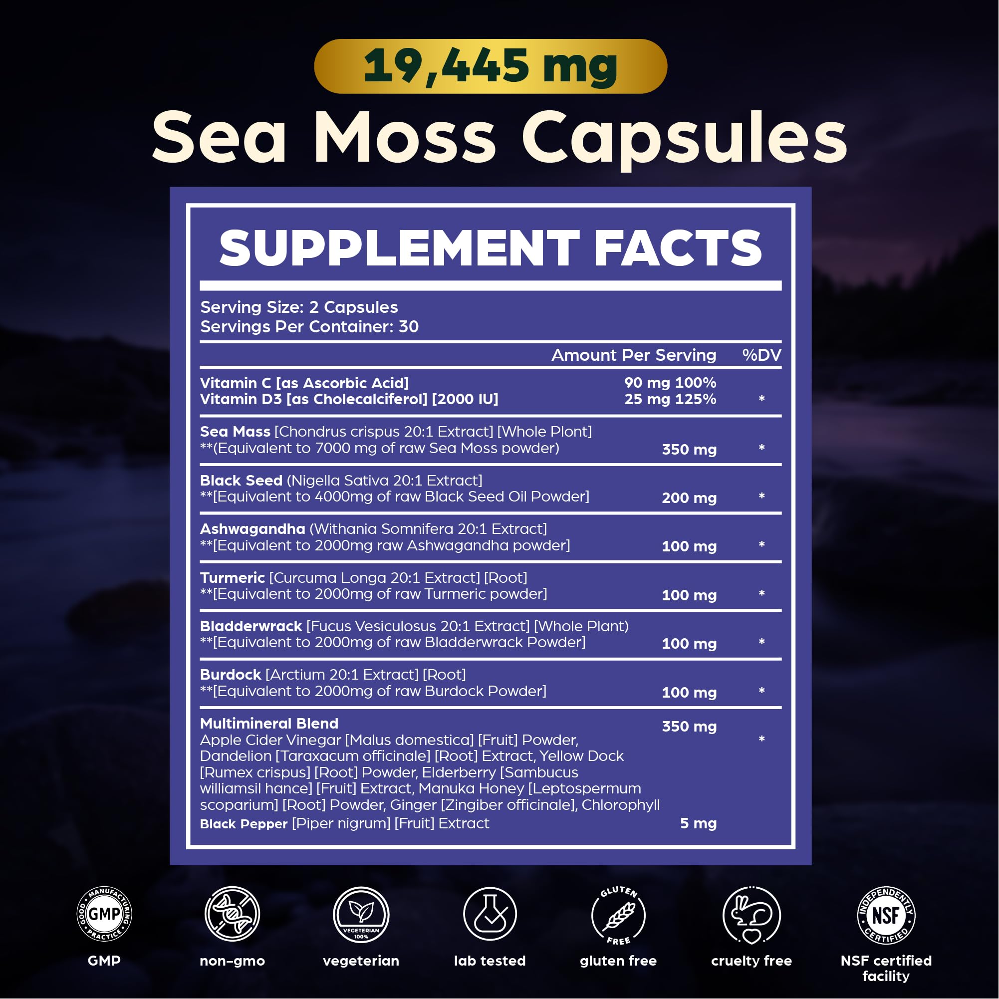 Anuva 16-in-1 Sea Moss Capsules | Black Seed Oil, Ashwagandha, with Vitamin C, D3, Turmeric, Burdock, Bladderwrack & Multi-Minerals | Immune, Skin, Joint & Energy Support | 60 Veggie Capsules Anuva Au supplements