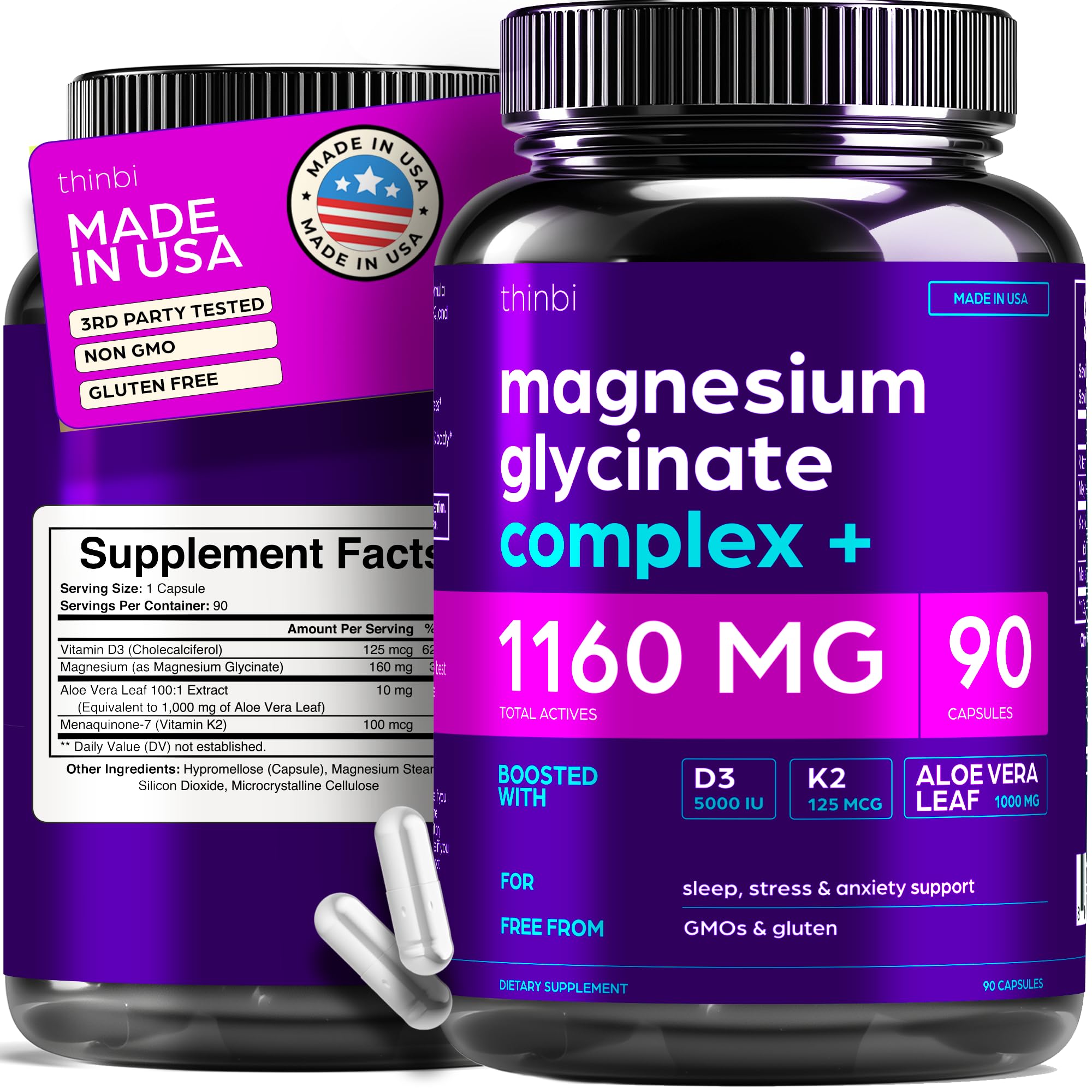 Magnesium Glycinate 1160mg + Aloe Vera, D3 & K2 Complex 90 Capsules - High Absorption, Non-Laxative - Supports, Muscle Function & Healthy Metabolism Chelated Formula Thinbi Au supplements