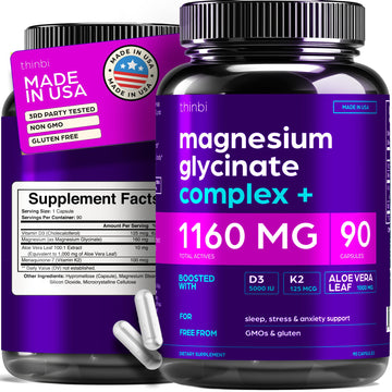 Magnesium Glycinate 1160mg + Aloe Vera, D3 & K2 Complex 90 Capsules - High Absorption, Non-Laxative - Supports, Muscle Function & Healthy Metabolism Chelated Formula Thinbi Au supplements