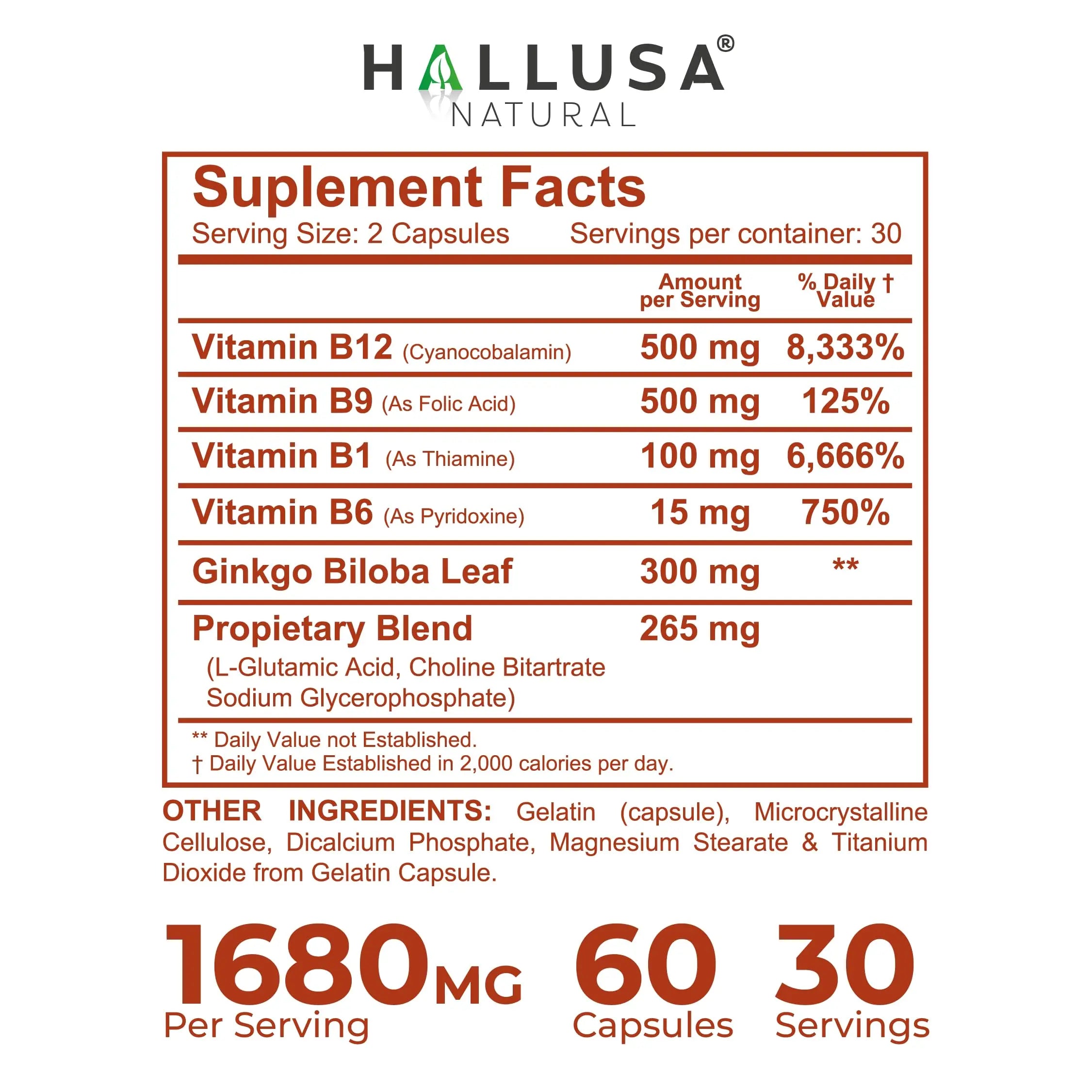 Hallusa Natural Brain Health Supplement Capsules 1680mg, Ginkgo Biloba, B Vitamins & Choline, Memory & Focus Support, Brain Booster for Men & Women, 60 Count Hallusa Natural Au supplements