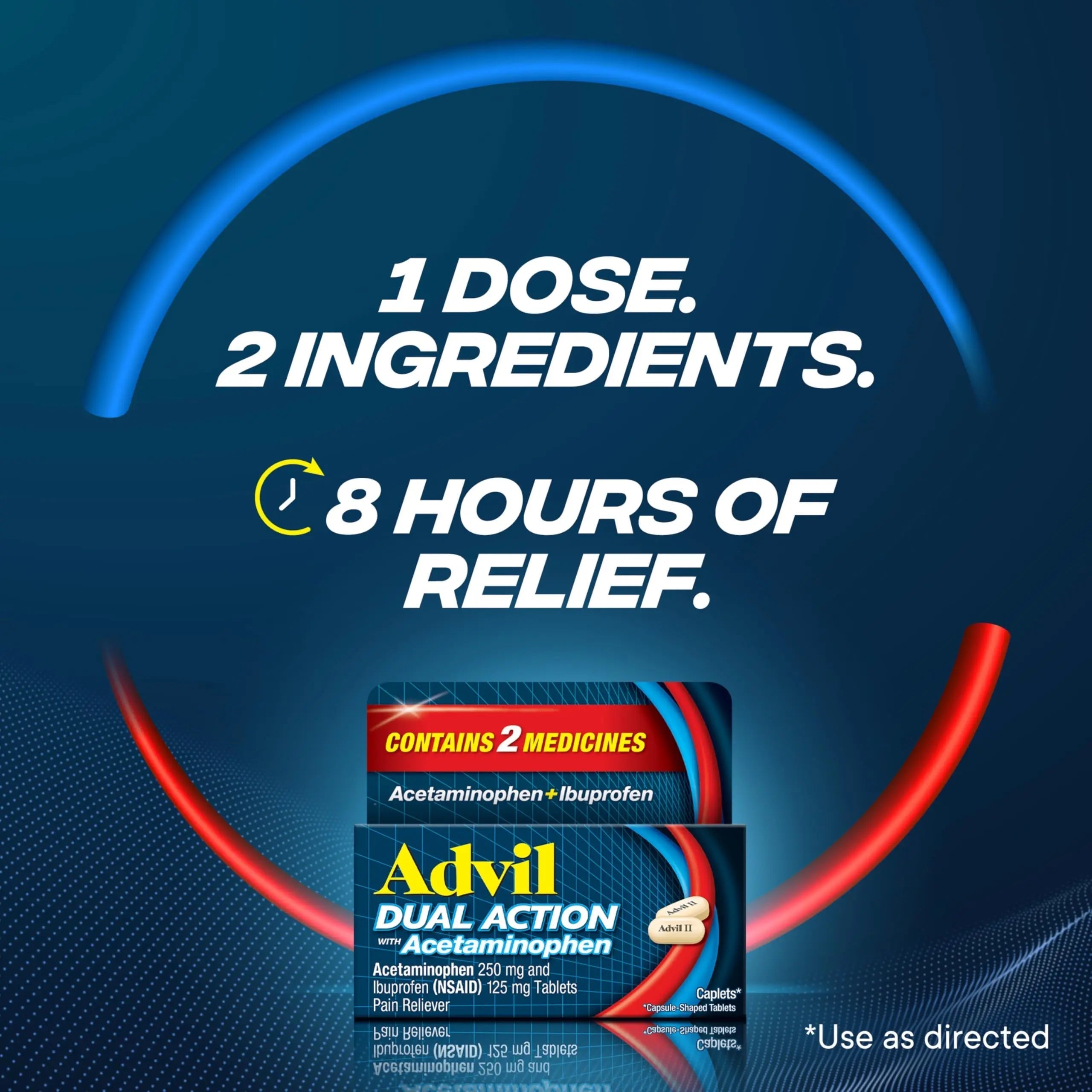 Advil Dual Action Coated Caplets with Acetaminophen, 250 Mg Ibuprofen and 500 Mg Acetaminophen Per Dose (2 Dose Equivalent) for 8 Hour Pain Relief - 72 Count Advil Au supplements