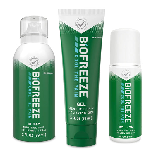 Biofreeze Spray, Gel, & Roll-On Pain Relief Variety Pack, Muscle Pain Relief, Arthritis Pain Reliver, Neck Pain Relief, Cooling Menthol Joint Pain Relief, 3 Fl Oz Spray, 3 Fl Oz Gel, 2.5 Fl Oz Roll On BiofreezeAU supplements