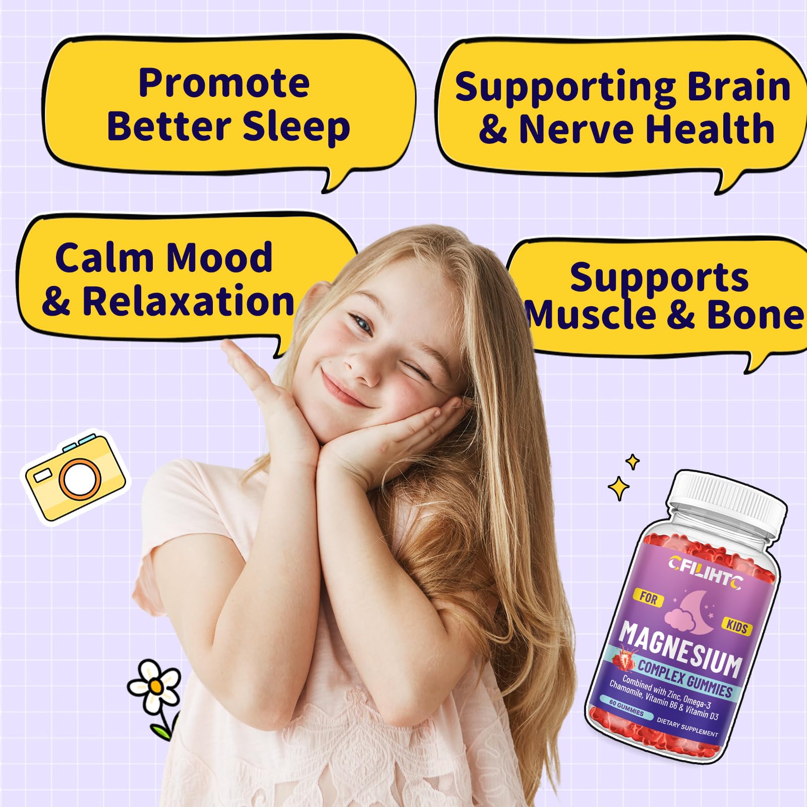 Kids Magnesium Gummies-Magnesium Glycinate Gummies for Kids Supplement-w/Zinc, Chamomile, Omega-3, Vitamin B6, D3 - for Sleep, Relaxation, Brain, Bones, Children's Calm, Sugar Free Strawberry 60ct CFILIHTC Au supplements