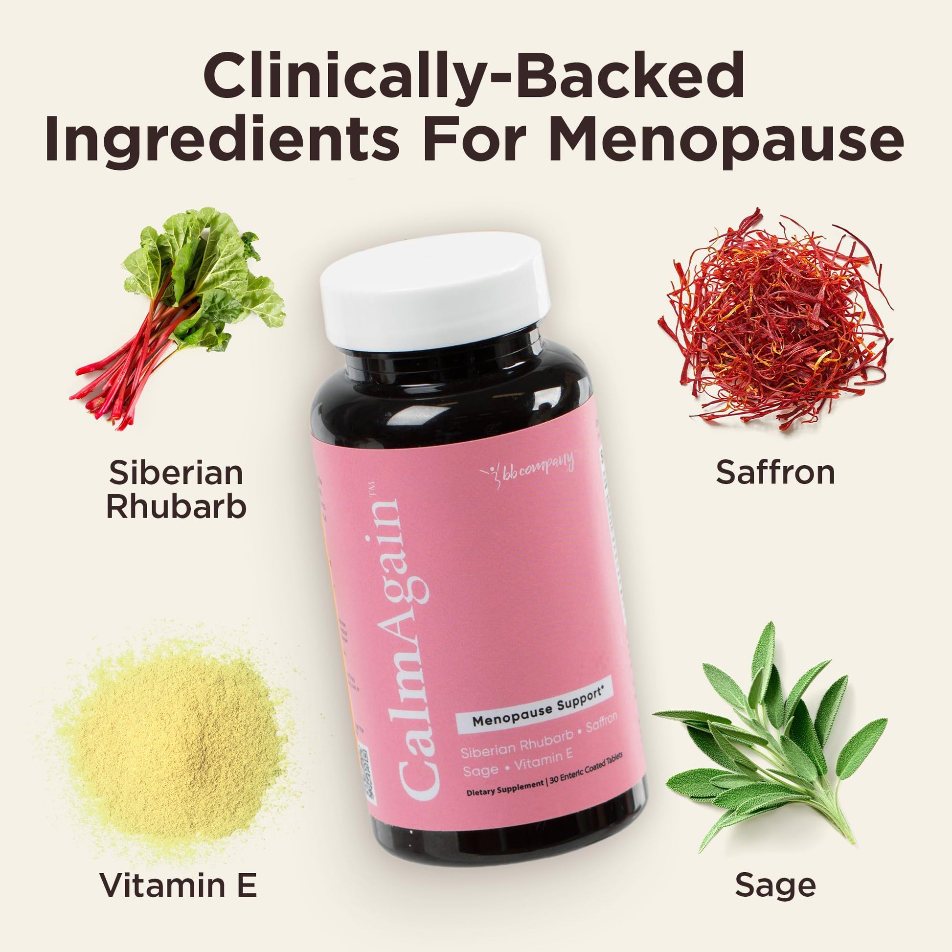 BB Company CalmAgain for Menopause Anxiousness, Mood Balance for Women | Stay Calm, Lower Cortisol, Fewer Mood Swings | Siberian Rhubarb, Sage, Saffron | Menopause Relief | 30 Ct BB Company Au supplements