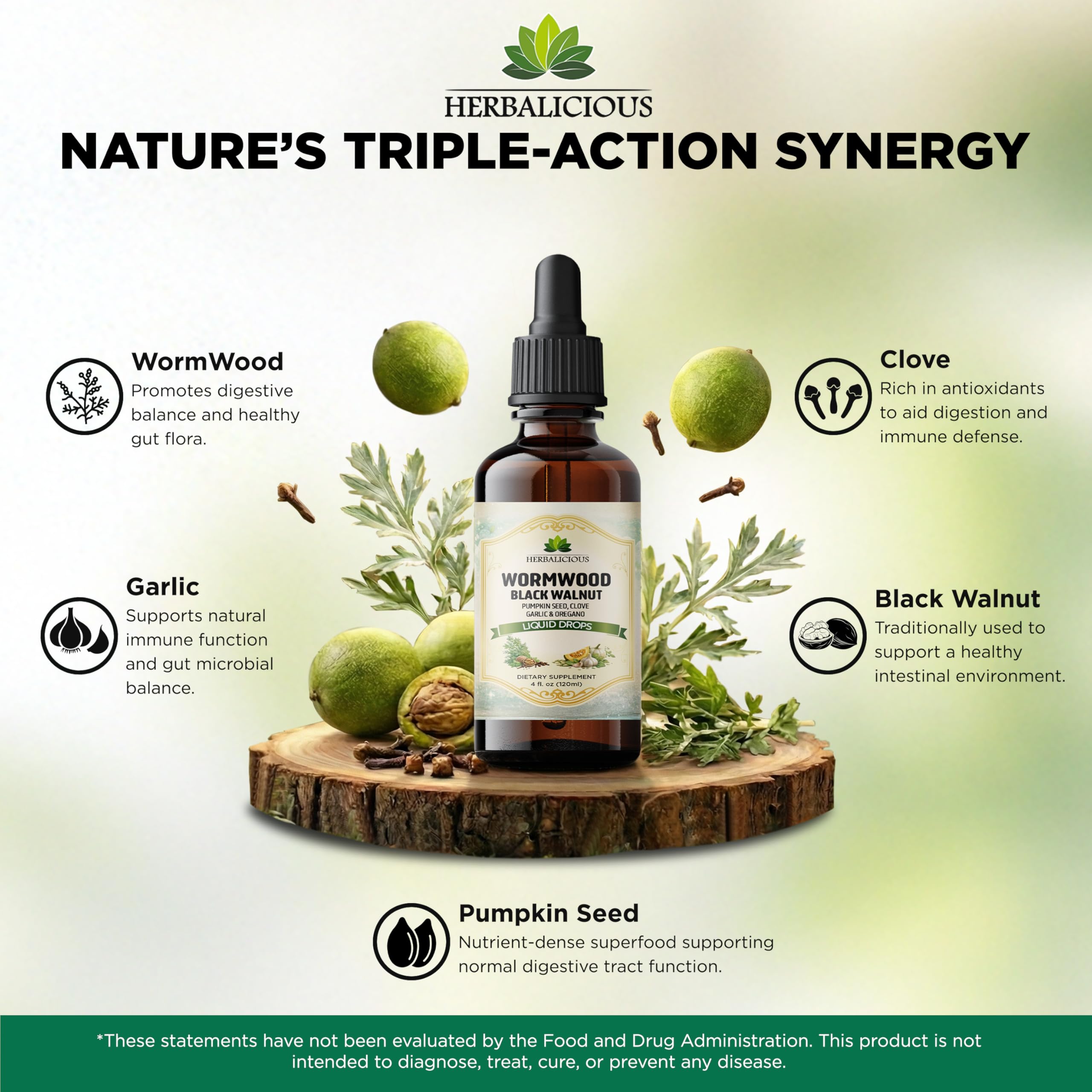 HEBRALICIOUS Wormwood Black Walnut Liquid Drops – Herbal Blend with Pumpkin Seed, Clove, Garlic & Oregano Oil – Alcohol Free Herbal Tincture – Liquid Dietary Supplement, 4 fl oz (120ml) HERBALICIOUS Au supplements