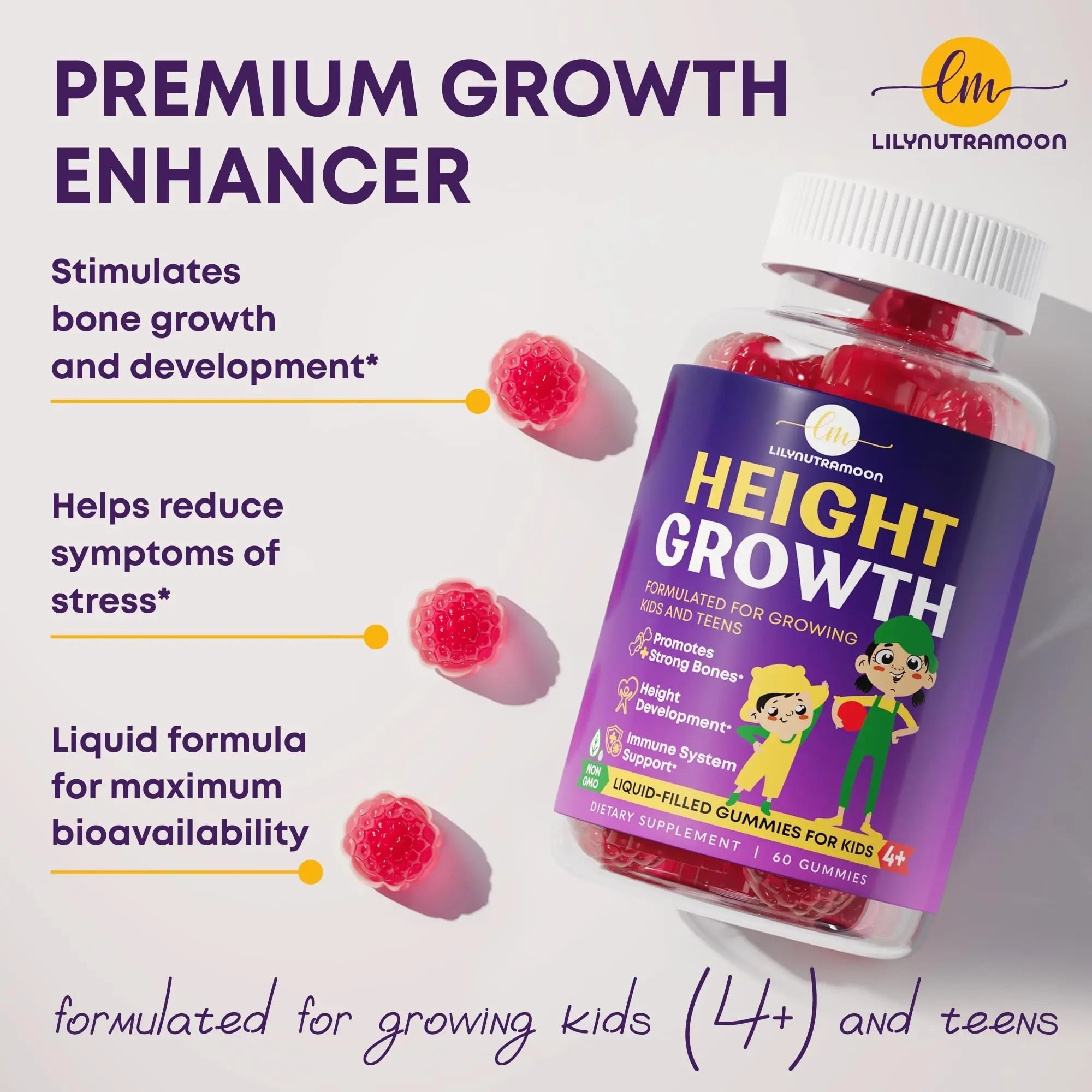 Height Growth Gummies for Kids & Teens - Calcium, Vitamin D3 + K2, Zinc, Magnesium, L-Arginine, Vitamin C - Multivitamin for Teen Boys & Girls LM LILYNUTRAMOON Au supplements