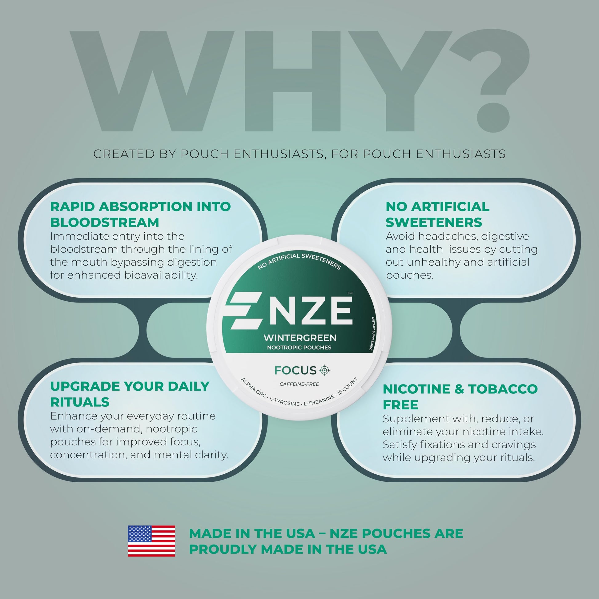NZE Caffeine Free Nootropic Pouches (Wintergreen) - Nootropic Pouches with Alpha GPC, L-Tyrosine & L-Theanine - No Sugar or Artificial Sweeteners - 15 Pouches Per Can - 5 Pack NZE Au supplements