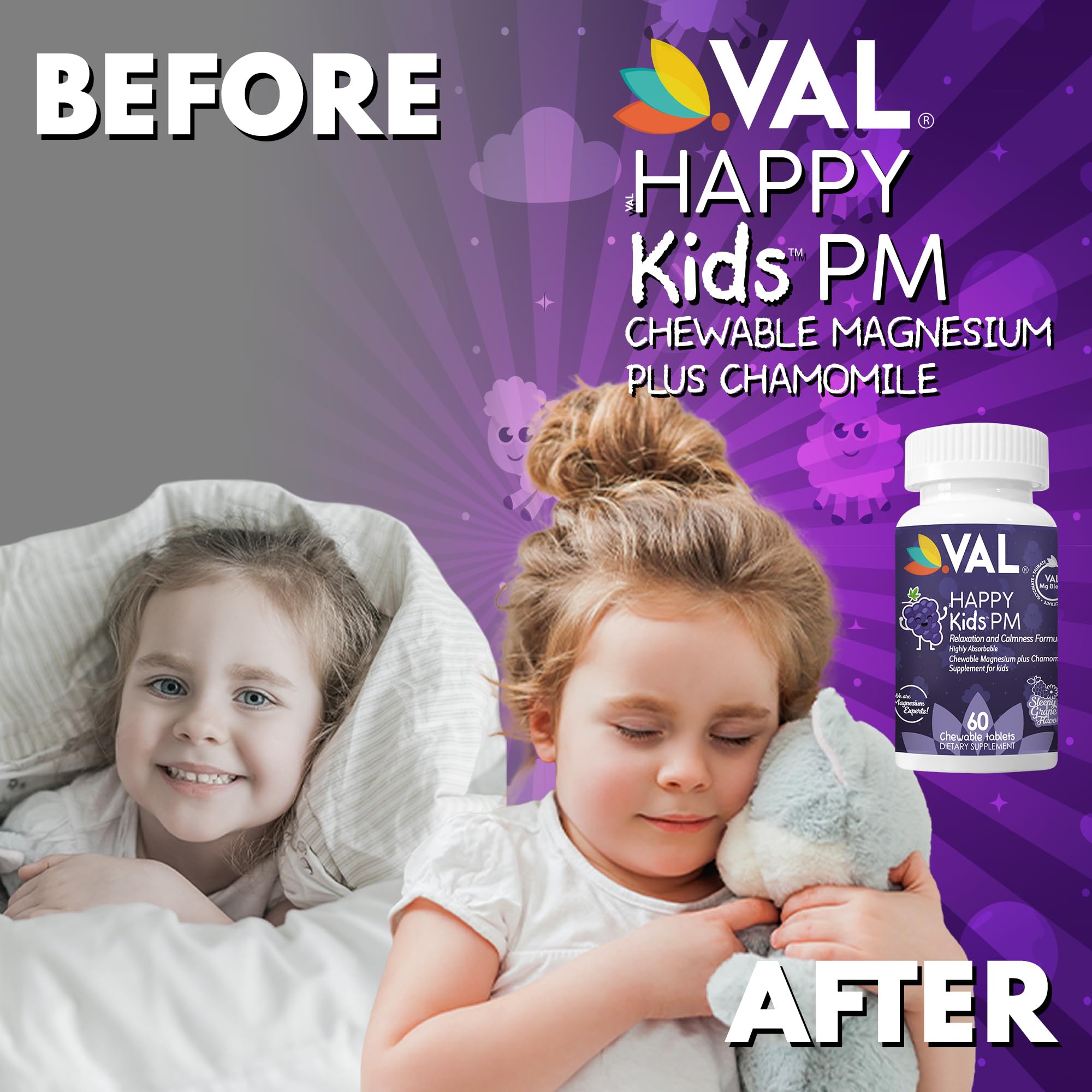 VAL Kids PM Magnesium Gummies | Sugar-Free Chewable Tablets with Chamomile, Magnesium Glycinate + Citrate + Taurate | Vitamin B6 & C | Natural Grape Flavor | Sleep & Calm Support | 60 Ct | Ages 4+ VAL Au supplements