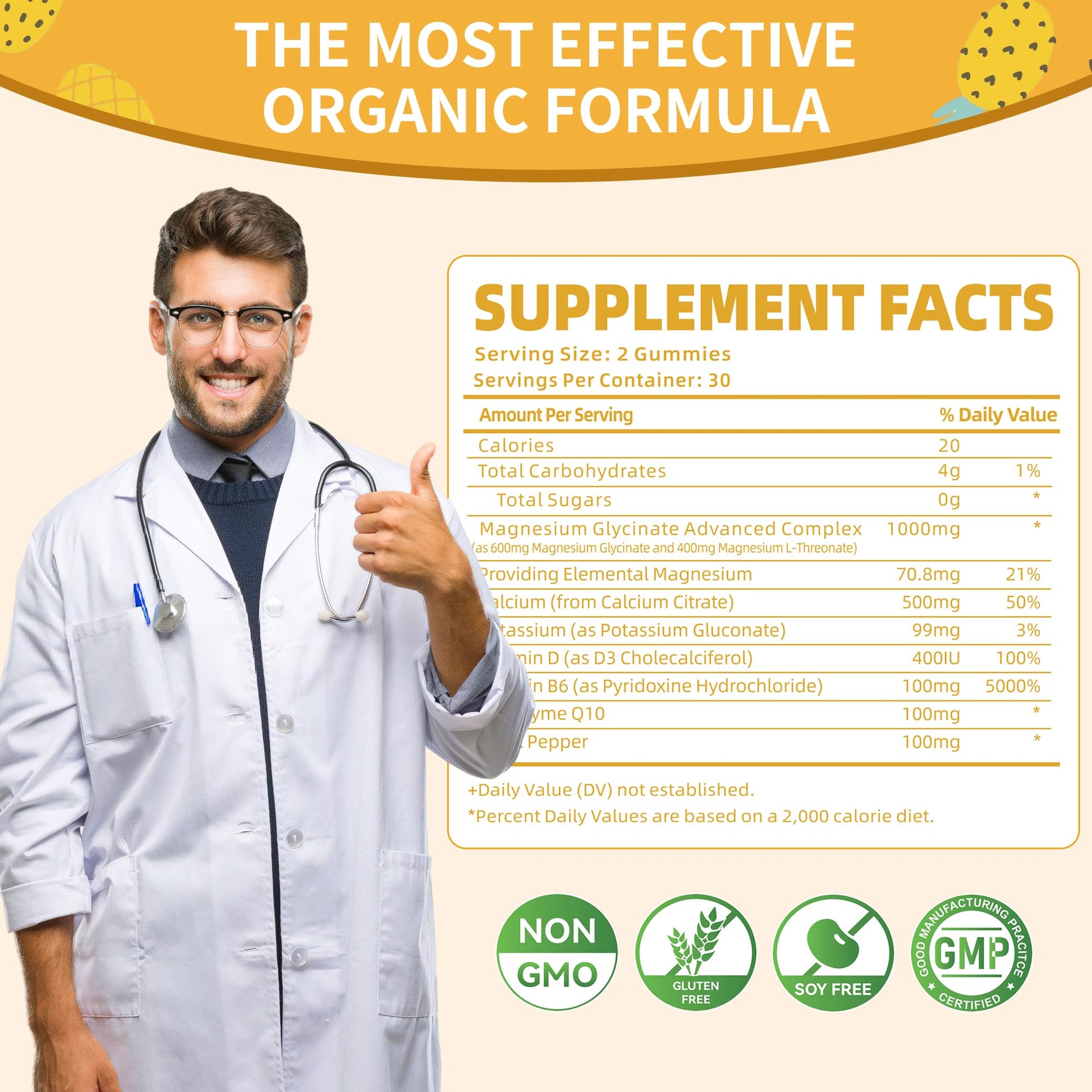 Magnesium Glycinate Gummies 1000mg - Sugar Free Magnesium Potassium Supplement with Vitamin D, B6, CoQ10 for Calm Mood & Sleep Support - 60 Pineapple Gummies -1 Pack Natures Aid Au supplements