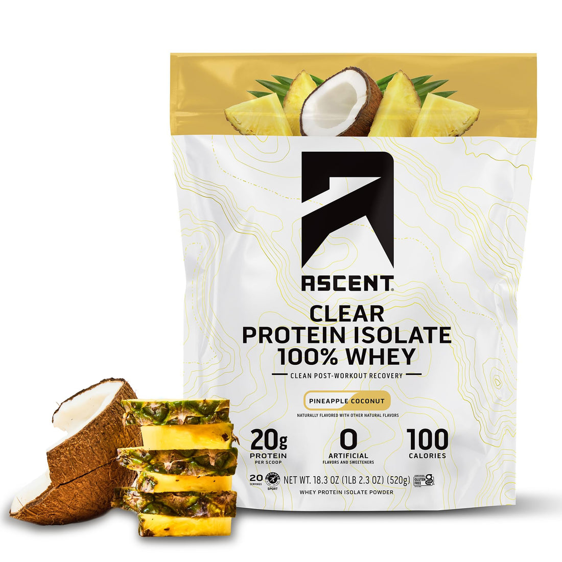 Ascent 100% Clear Whey Protein Powder - Post Workout Whey Protein Isolate, Zero Artificial Flavors & Sweeteners, Gluten Free, 5.5g BCAA, 2.1g Leucine, Essential Amino Acids, Pineapple Coconut, 20 Serv Ascent uk supplements