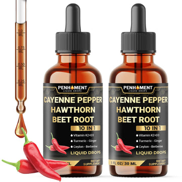 Penhoment 2 Packs - 2700 mg 10in1 Cayenne Pepper Liquid Drops with Hawthorn Berry, Vitamin D3 K2, Beet Root, Ginger Turmeric, Ginger, Ceylon Cinnamon, Berberine, and Ginseng - 2 Months Penhoment Au supplements