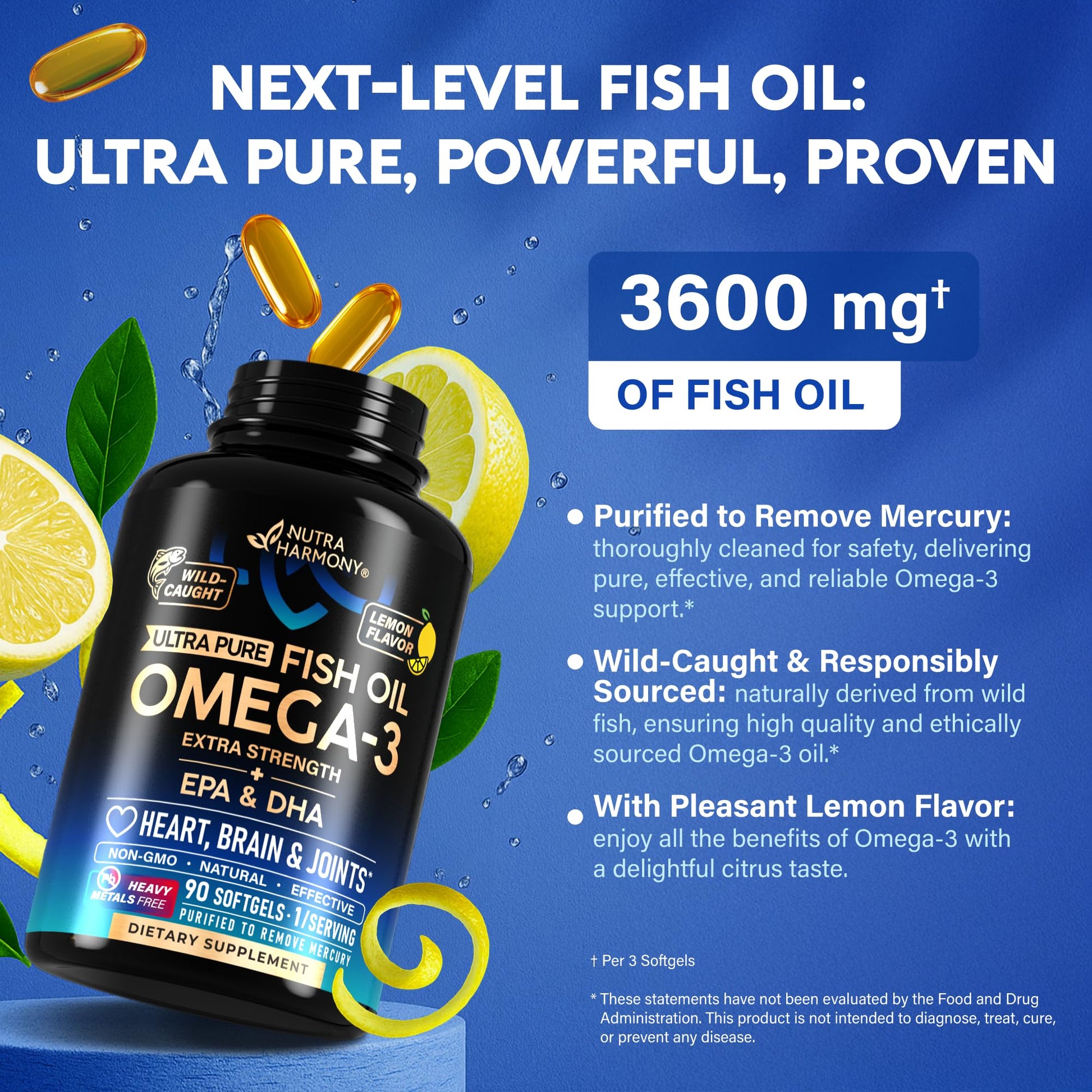 Omega 3 Fish Oil 3600 mg - Omega 3 Supplement | EPA & DHA - Heavy Metals Free - Heart, Brain & Joint Support - Purified Fish Oil for Men & Women - Lemon Flavored - Made in USA, 90 Softgels NUTRAHARMONY Au supplements