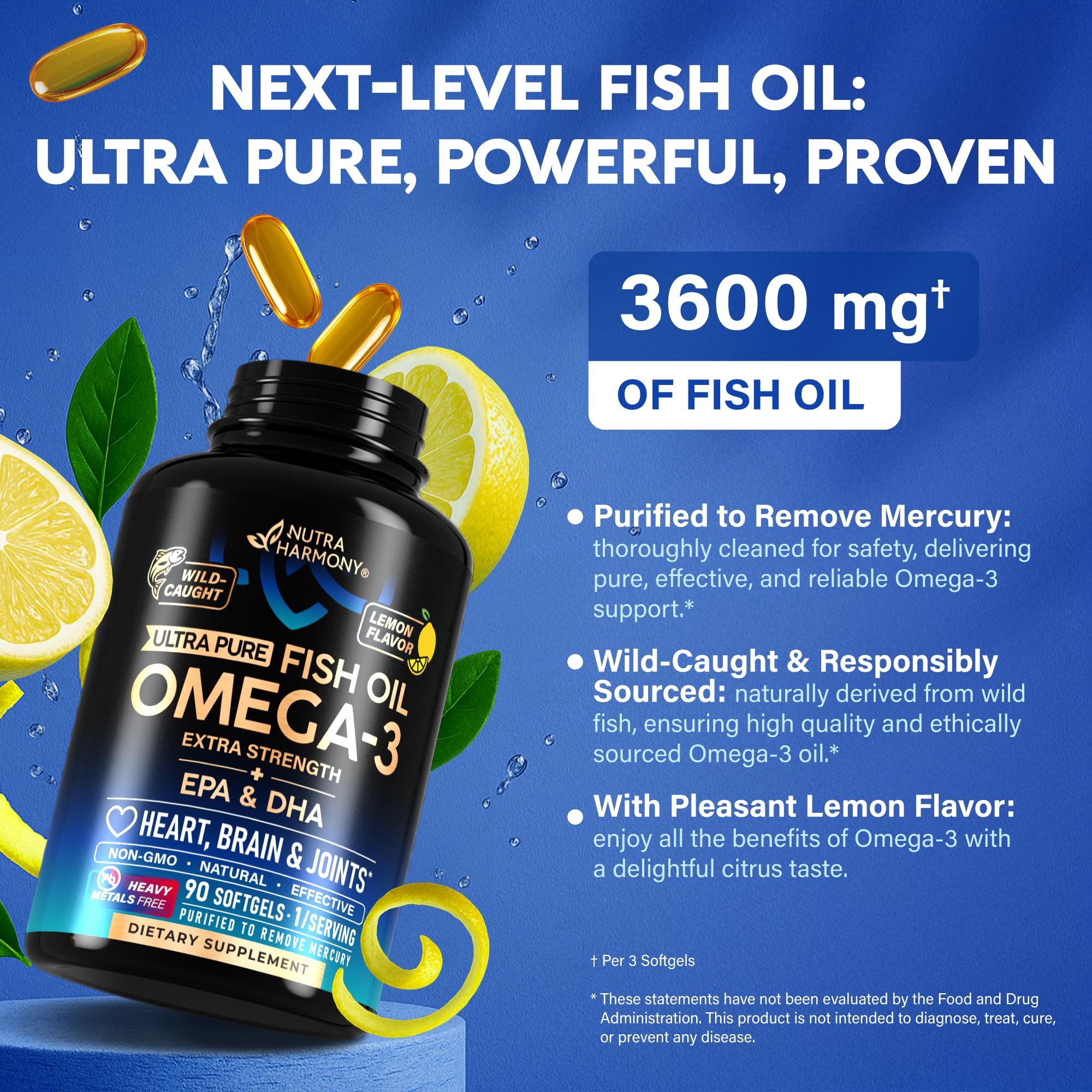 Omega 3 Fish Oil 3600 mg - Omega 3 Supplement | EPA & DHA - Heavy Metals Free - Heart, Brain & Joint Support - Purified Fish Oil for Men & Women - Lemon Flavored - Made in USA, 90 Softgels NUTRAHARMONY Au supplements