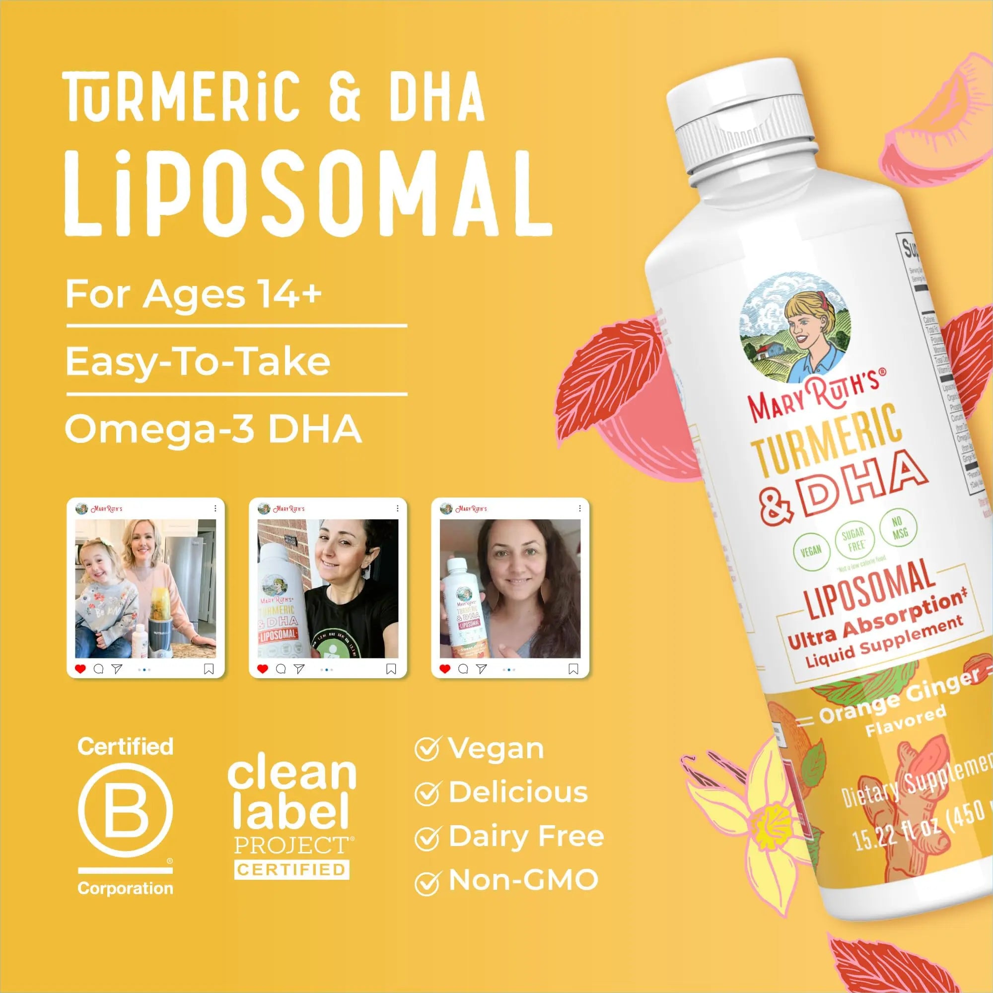 MaryRuth Organics | Liposomal Turmeric & DHA | Curcumin | Ginger Root Oil | Algal DHA & Vitamin E | Cognitive Function | Mood Support | Joint Health | Liquid Supplement | 15.22 oz MARYRUTH'S Au supplements