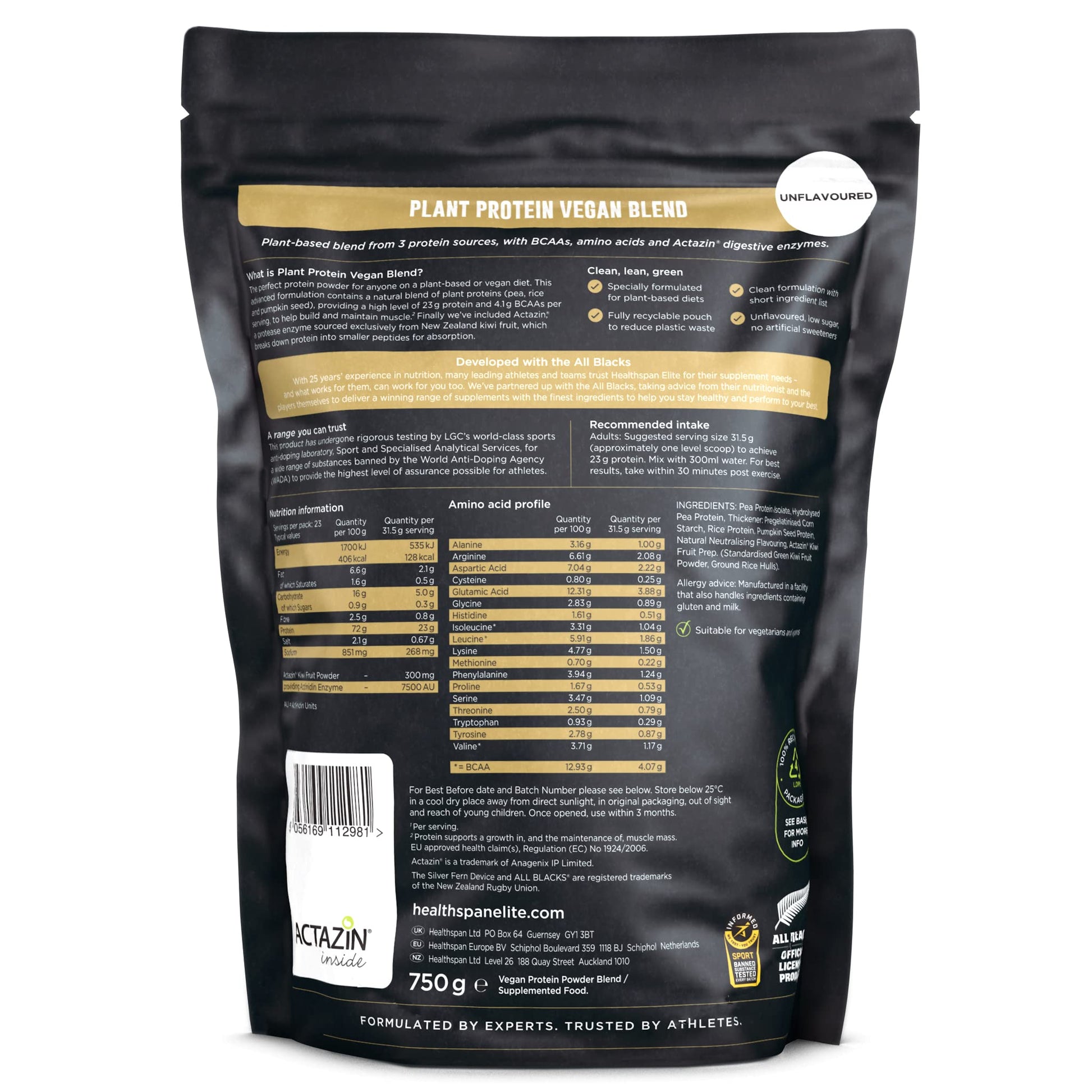 Healthspan Elite Plant Protein Vegan Blend (750g) | All Blacks Partner | 23g Protein Per Serving Healthspan Elite Au supplements