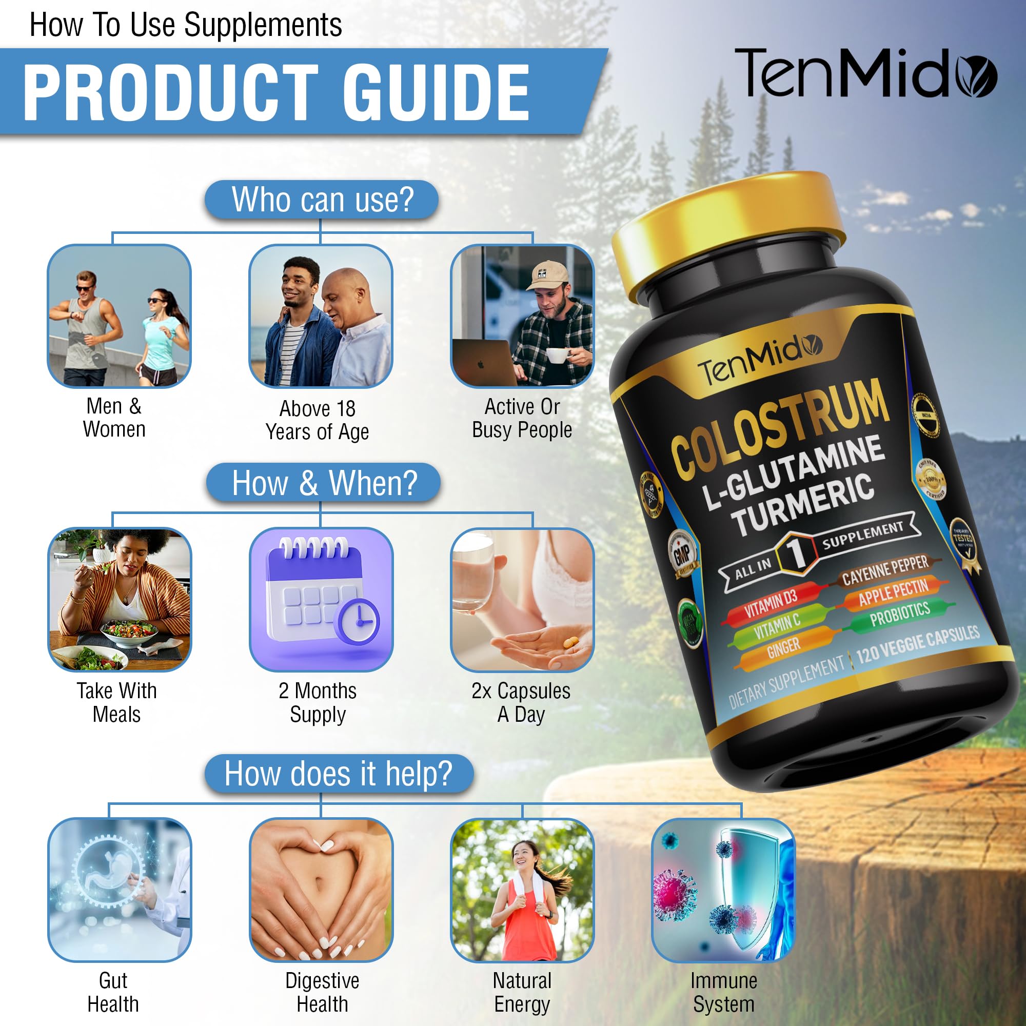 Tenmido Colostrum Supplement - 10in1 Formula - Combine with L- Glutamine, Turmeric, Cayenne Pepper, Apple Pectin, Probiotics, Ginger, and More - Digestive Health, Immune Support - 120 Capsules Tenmido Au supplements