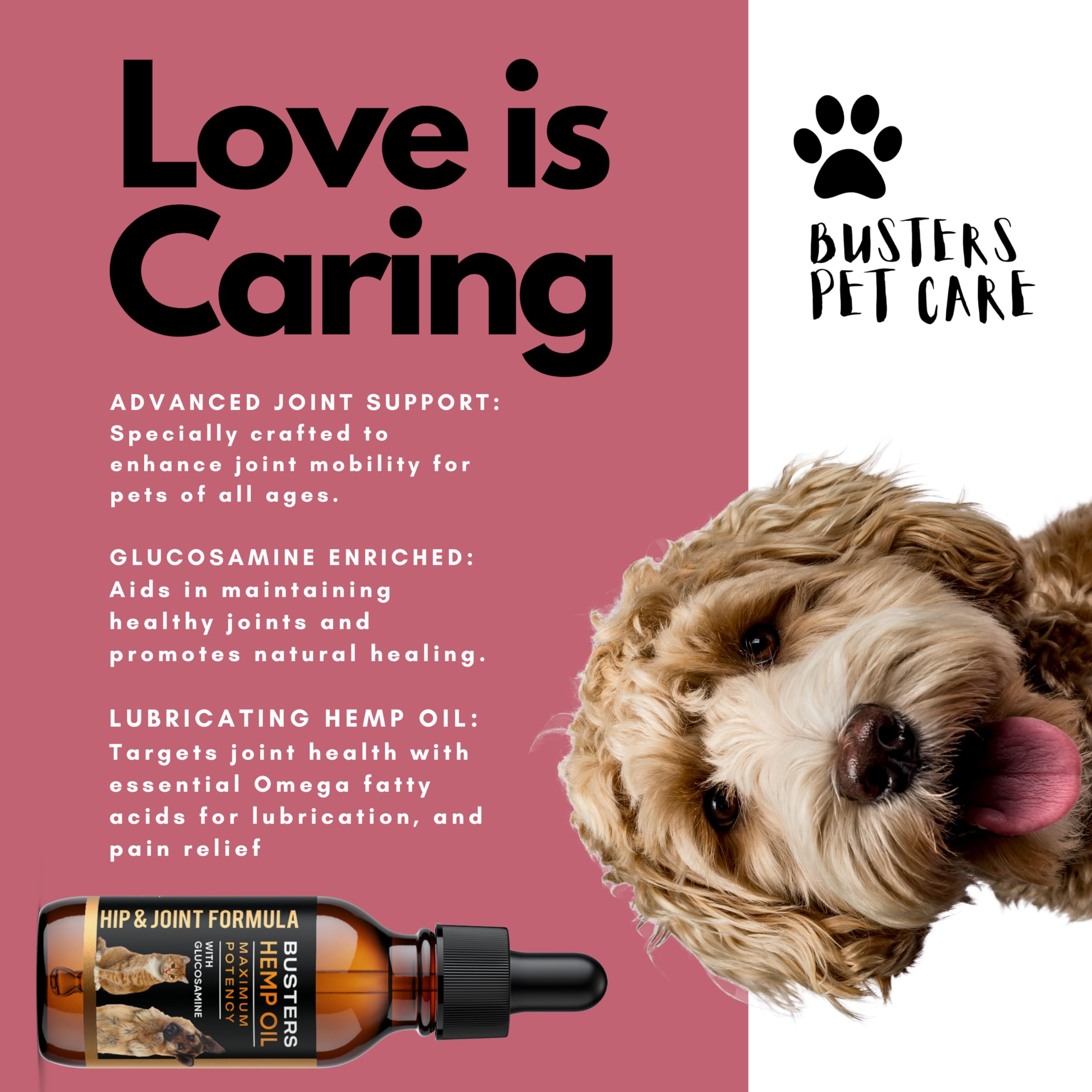 Busters Hip and Joint Hemp Oil Formula enriched with Glucosamine, Pain Relief for Dogs and Pets, Arthritis, and Advanced Mobility Support K2xLabs Au supplements