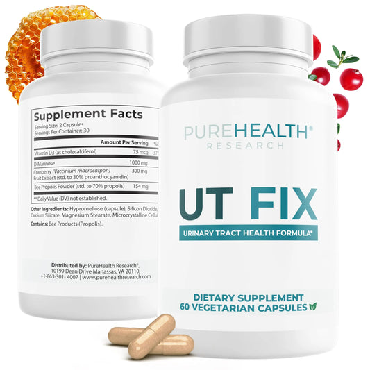PUREHEALTH RESEARCH UT Fix - Urinary Tract Health Formula - Urinary Tract Support for Women & Men - Cranberry Supplement with D Mannose 1000mg, Vitamin D3 & Bee Propolis - 60 Capsules PUREHEALTH RESEARCHAU supplements