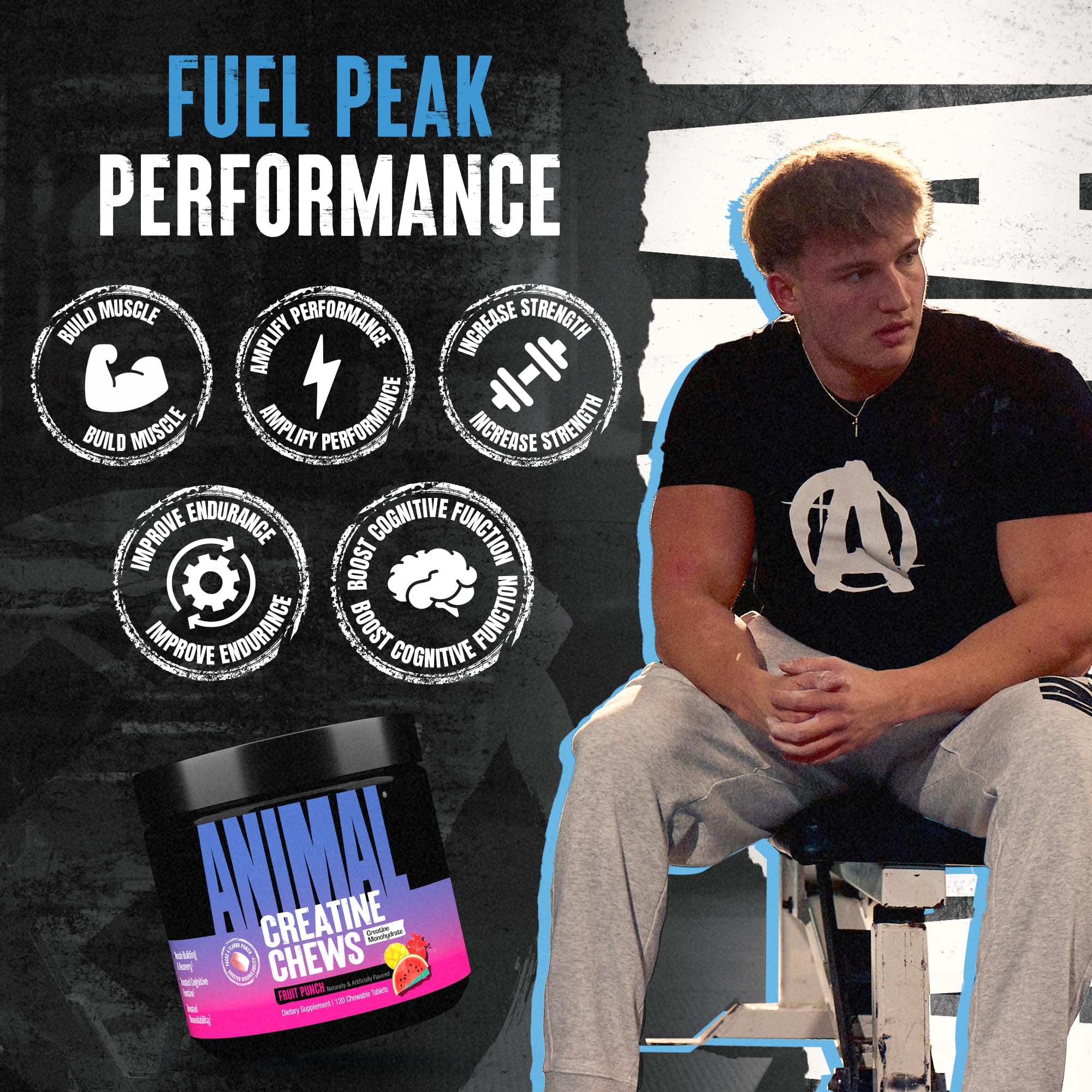 Animal Creatine Chews Tablets - Enhanced Creatine Monohydrate with AstraGin to Improve Absorption, Sea Salt for Added Pumps, Delicious and Convenient Chewable Tablets - Fruit Punch Animal Au supplements