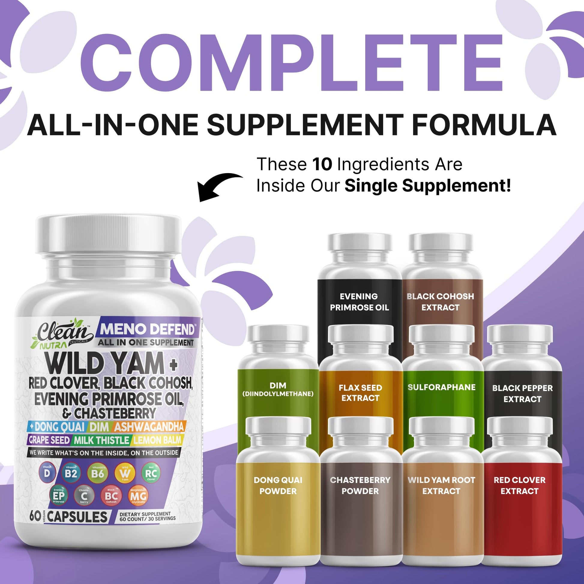 Clean Nutra Wild Yam Root Capsules with Red Clover Black Cohosh Evening Primrose Oil Chasteberry Dong Quai DIM Ashwagandha Grape Seed Extract Milk Thistle Lemon Balm and more Hormone Balance For Women Clean Nutraceuticals Au supplements