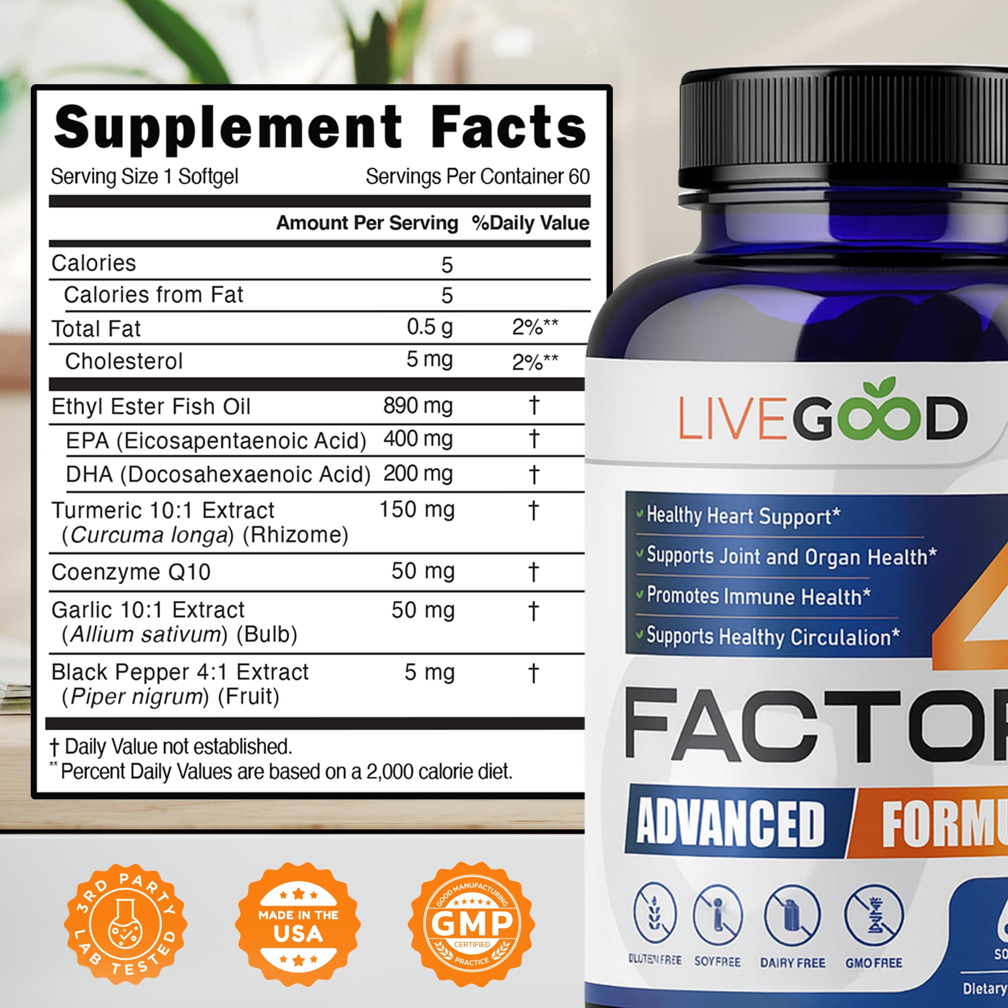 LIVEGOOD™ Factor 4, Omega 3 Fish Oil with EPA & DHA, CoQ10, and Turmeric, Advanced Q10 Coenzyme & CoQ10 Supplements, DHA Supplements for Heart, Joint & Immune Support, Made in USA, 60 Count, LIVEGOOD Au supplements