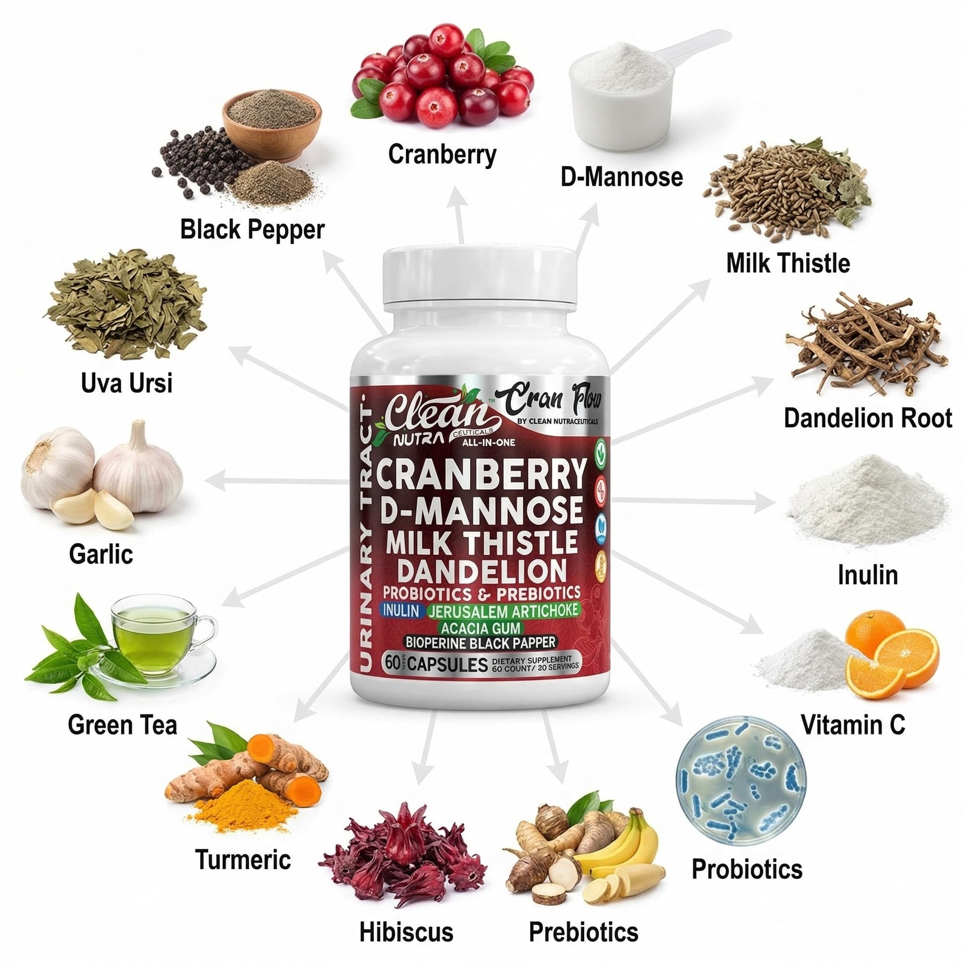 Cran Flow Cranberry Pills for Urinary Health D-Mannose Milk Thistle Dandelion Inulin Vitamin C Prebiotics and Probiotics Bladder Support By Clean Nutra Clean Nutraceuticals Au supplements