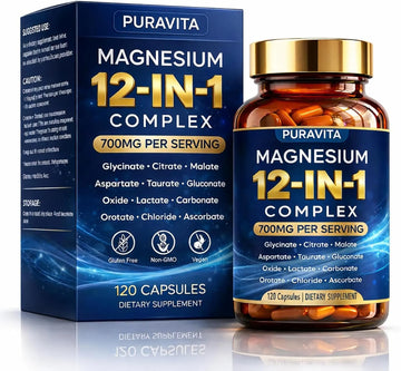 Puravita 12 in 1 Magnesium Complex Capsules - 700mg High Absorption Blend with Glycinate, Citrate, Malate, Oxide & Taurate. Supports Muscle Function, Nerve Health & Relaxation - 120 Capsules (1) PURAVITA Au supplements