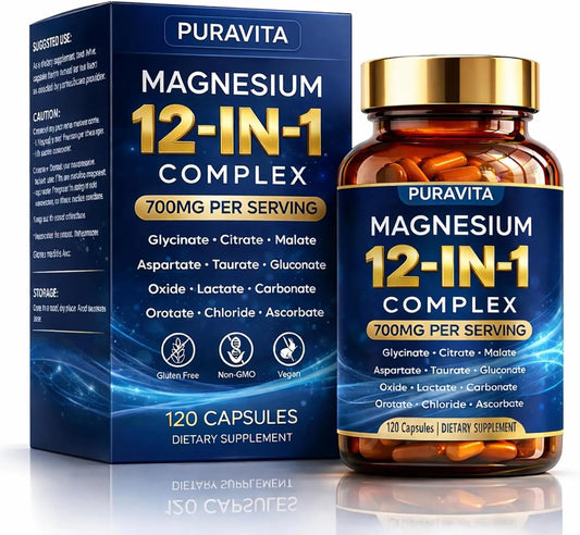 Puravita 12 in 1 Magnesium Complex Capsules - 700mg High Absorption Blend with Glycinate, Citrate, Malate, Oxide & Taurate. Supports Muscle Function, Nerve Health & Relaxation - 120 Capsules (1) PURAVITAAu supplements